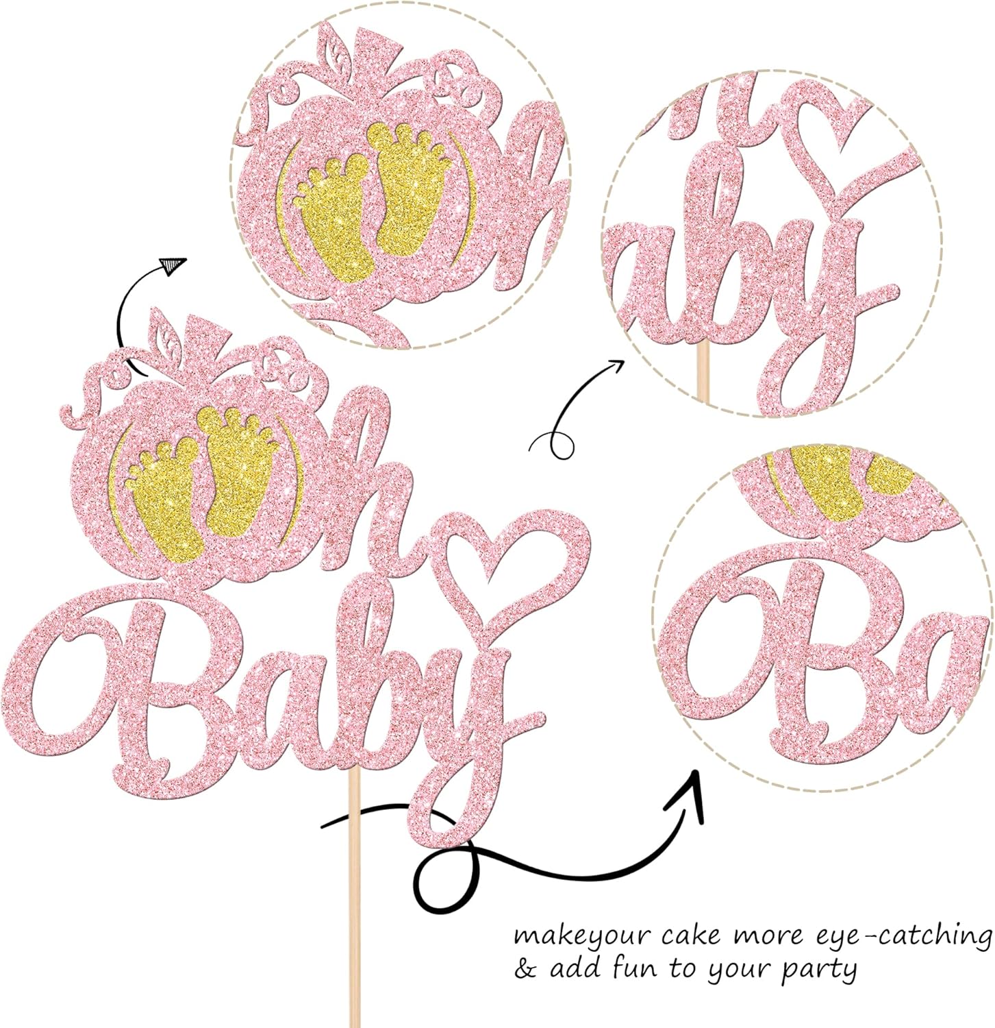 1 pieza de decoración de pastel de calabaza Oh Baby con purpurina, pies de corazón con purpurina, para baby shower, tema de otoño, baby shower,