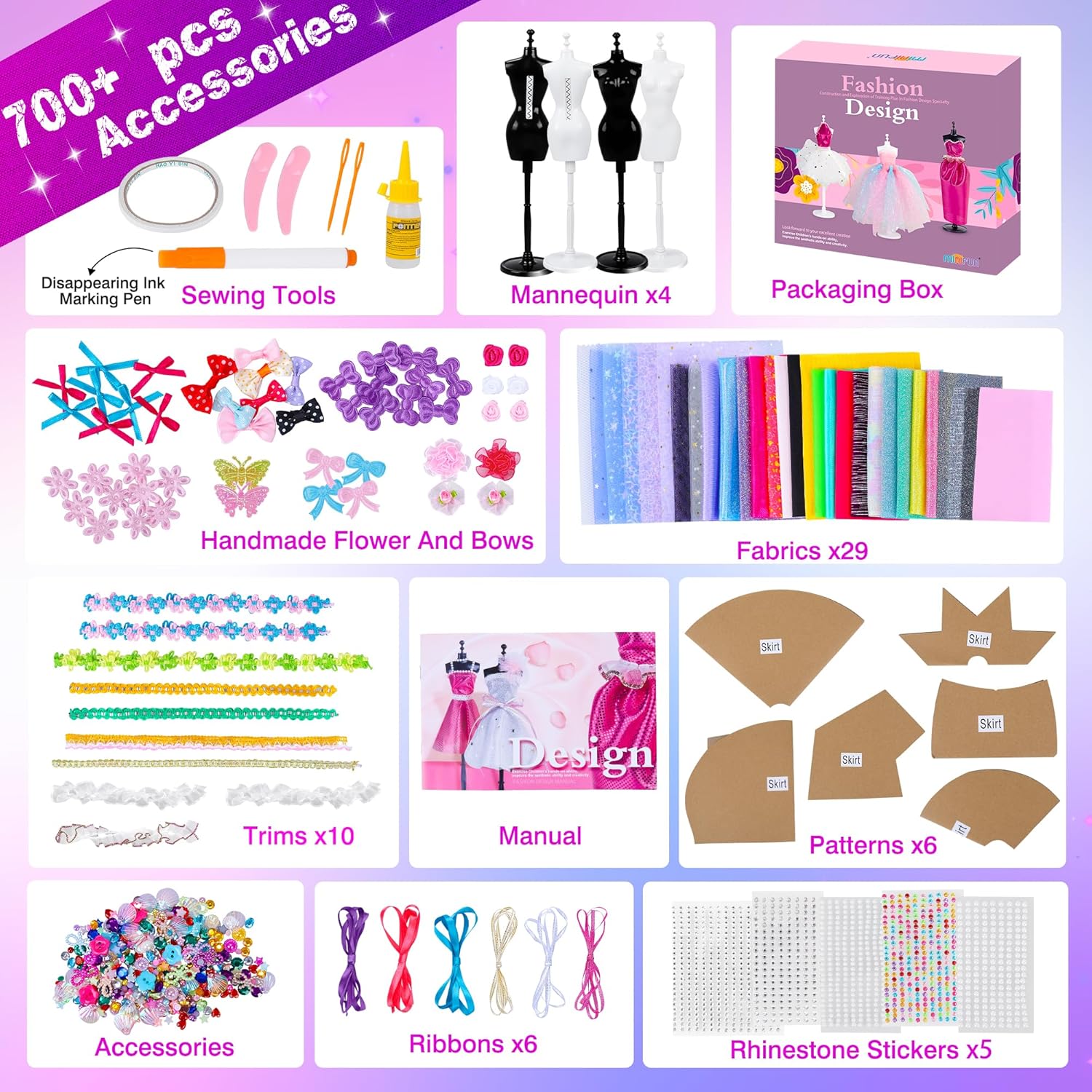 MINIFUN Kit de diseño de moda para niñas, kit de costura con 4 maniquíes, actividades de arte y manualidades para niños, kit de fabricación de ropa