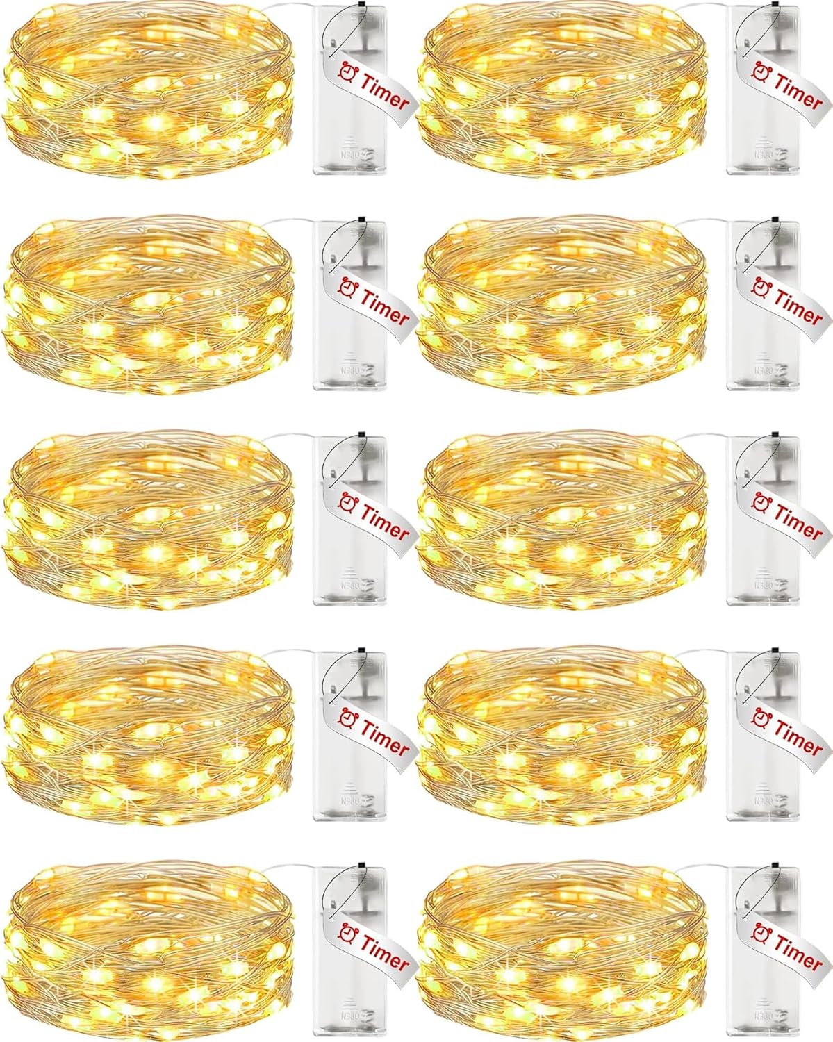 Paquete de 10 guirnalda de luces que funcionan con pilas, con temporizador, tira de 20 luces LED de 7 pies, impermeable, alambre plateado, funciona