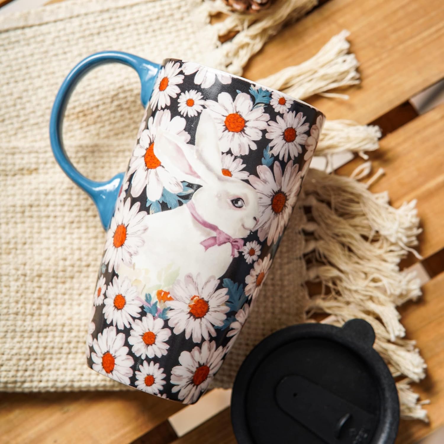 DUSVALLY Taza de cerámica para café, taza de café de viaje, taza de té con leche de porcelana con tapa y caja de color, 17 onzas, taza alta grande,