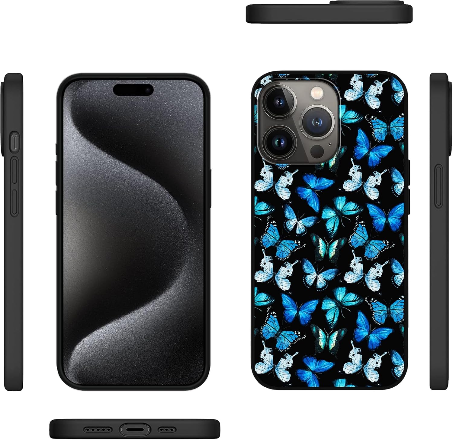 MSEAANBK Funda diseñada para iPhone 15 Pro Max con diseño de mariposas azules de acuarela para iPhone 15 Pro Max de 6.7 pulgadas, TPU suave, cuerpo