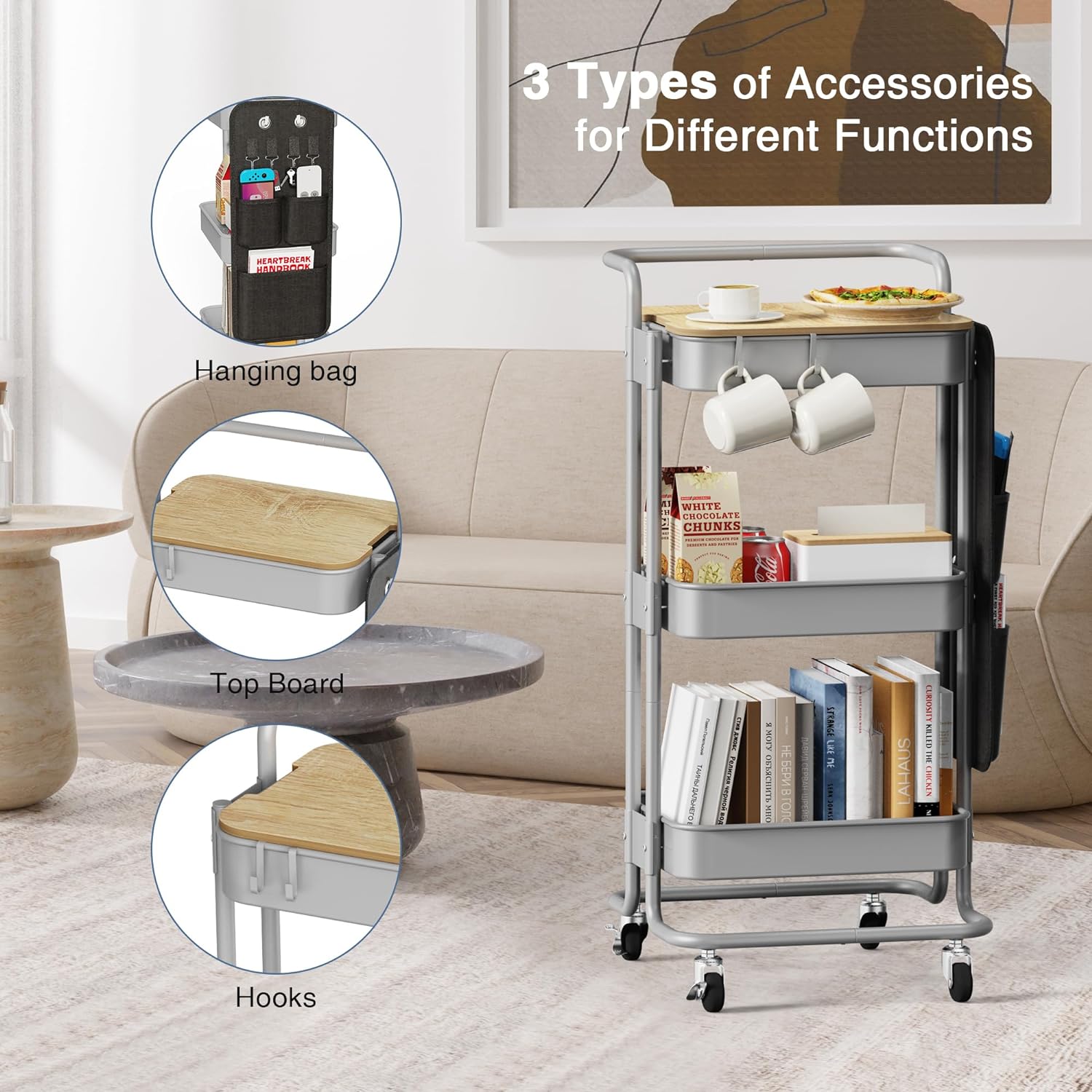 DTK Carrito de metal de 3 niveles con mesa y bolsas laterales, bandeja organizadora de almacenamiento, 4 ganchos para cocina, baño, oficina, sala de