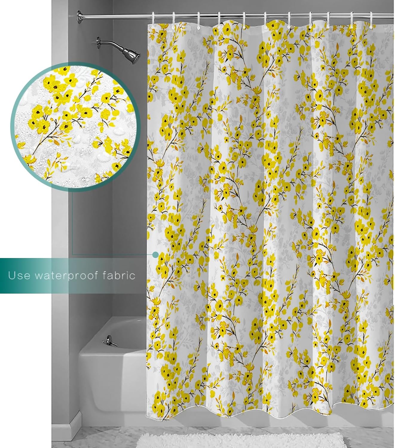 Cortinas de ducha florales para baño, estilo acuarela, flores amarillas y grises, juego de cortinas de ducha de tela impermeable con 12 ganchos,