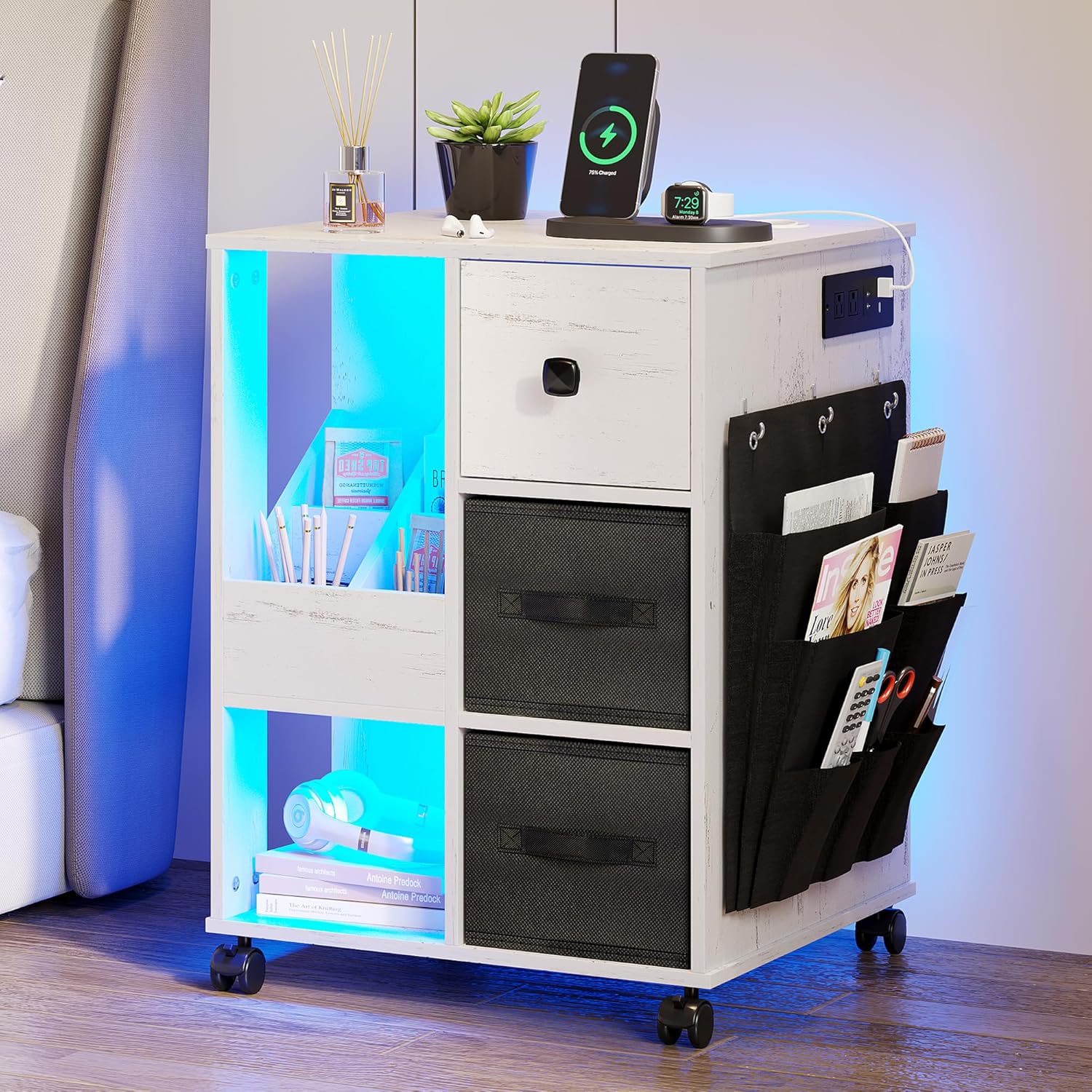 dnbss Mesita de noche con estación de carga, mesa auxiliar LED con cajones, mesita de noche inteligente con puertos USB, moderna mesita de noche con