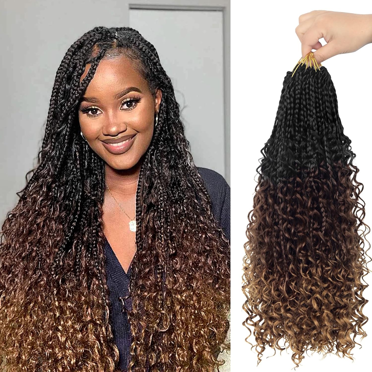 Goddess – Trenzas de ganchillo con extremos rizados, trenzas bohemias de 20 pulgadas, paquete de 8 paquetes de 3 trenzas de ganchillo, extensiones