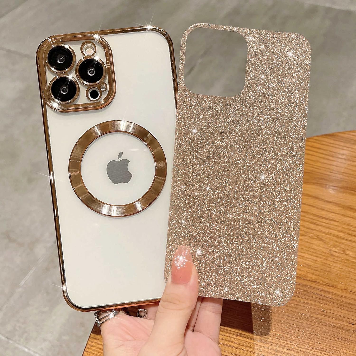 MGQILING Compatible con iPhone 15 Pro Funda magnética con purpurina, bonita funda transparente chapada de lujo, compatible con MagSafe para mujeres
