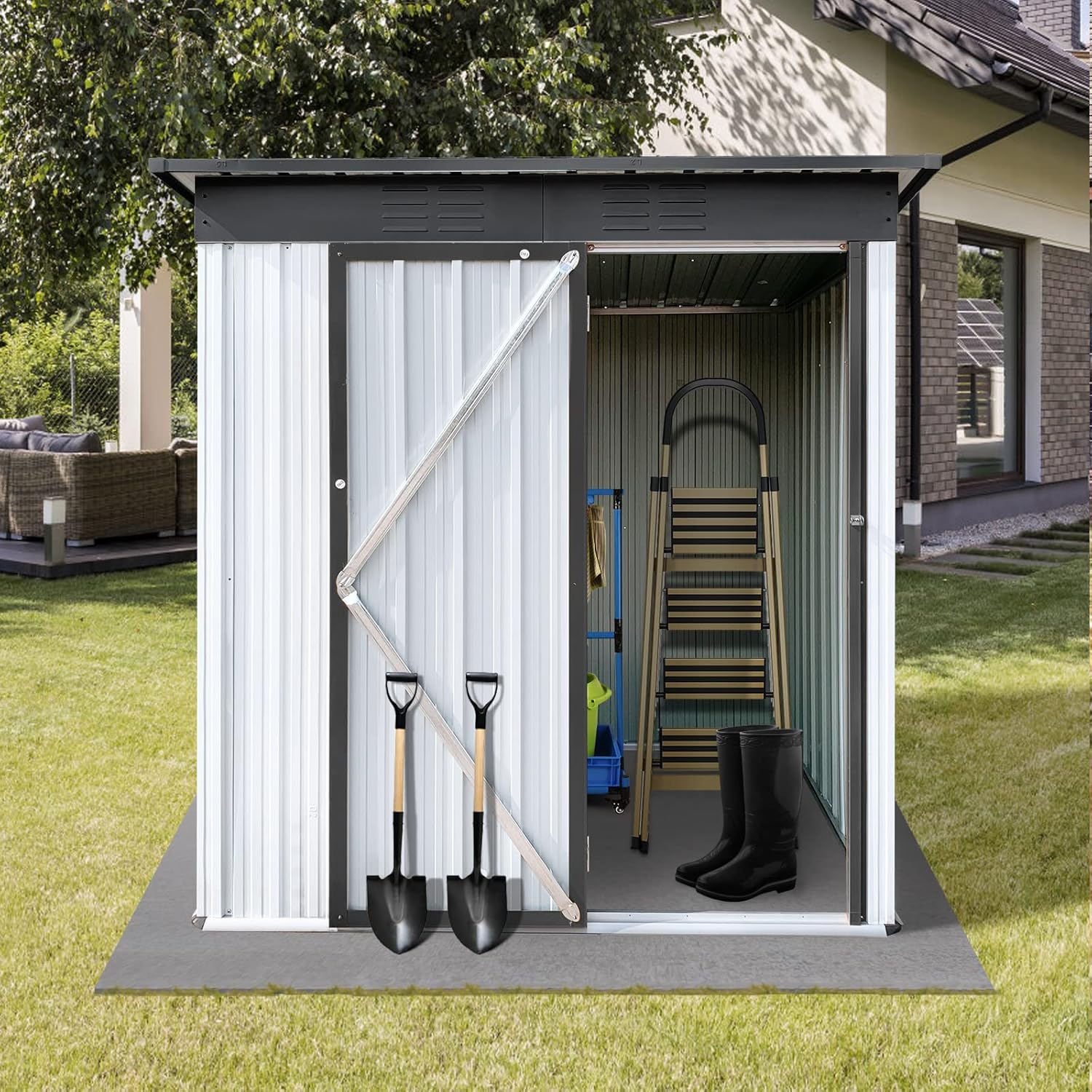 Cobertizo de almacenamiento de metal de 5 x 3 pies, cobertizo para exteriores con ventilación de aire, cobertizo de herramientas impermeable con