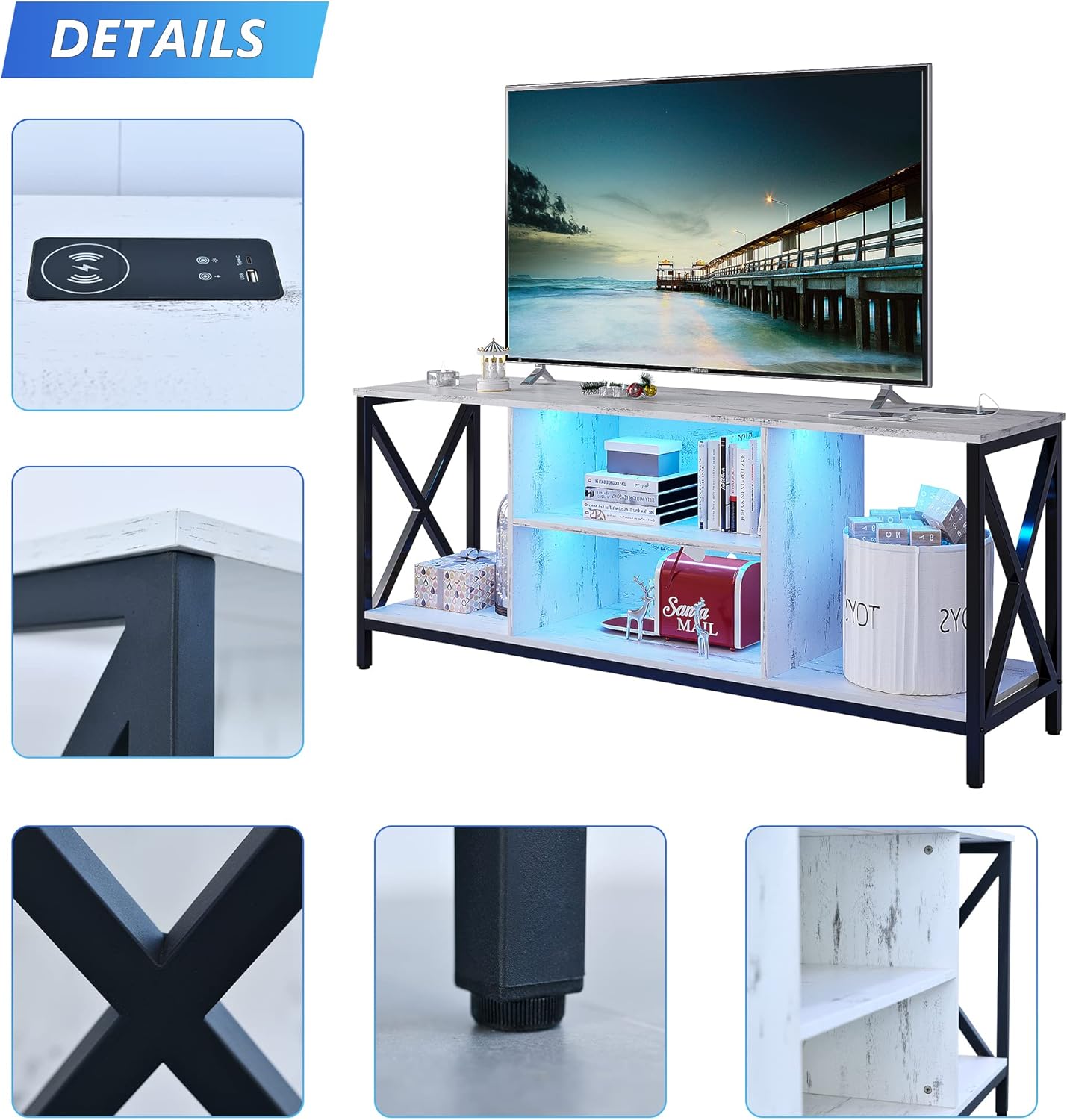 HNEBC Soporte de TV LED blanco con estación de carga USBinalámbrica, soportes de televisión con inducción automáticaluces LED ajustables, soporte de