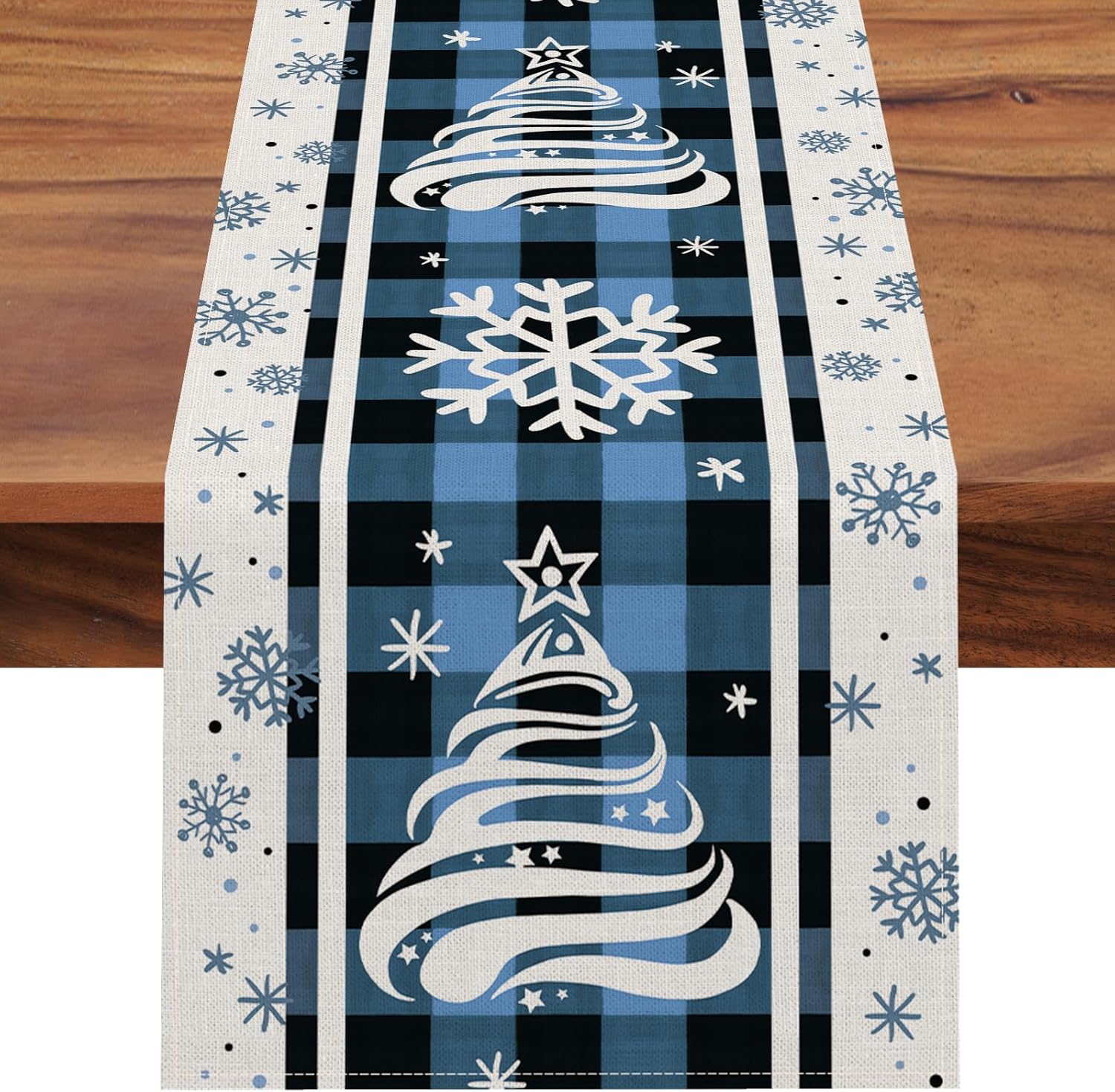 Seliem Camino de mesa de árbol de Navidad con copos de nieve de invierno, decoración de mesa de comedor de búfalo azul de Navidad, decoración de