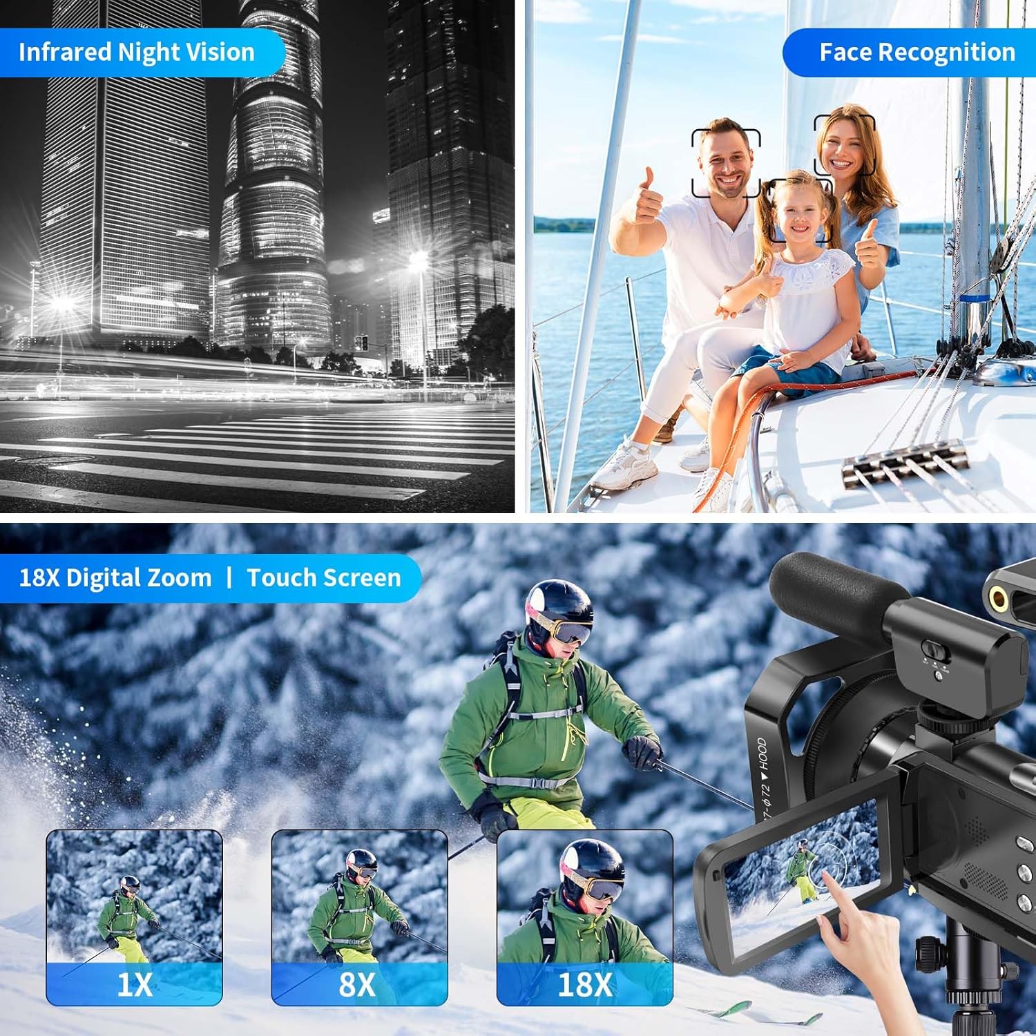 Kit de videocámara de cámara de video 4K, zoom digital de 56 MP 18X de 3.0 pulgadas, pantalla táctil IPS de 3.0 pulgadas, videocámara digital de