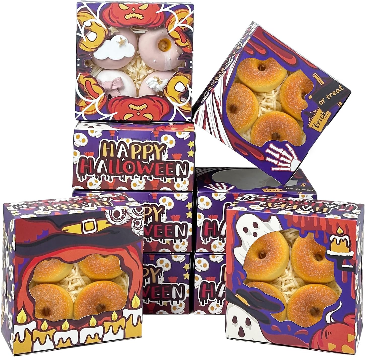 60 cajas de panadería de Halloween con ventana de 6 x 6 x 3 pulgadas de grosor y resistentes cajas de pastelería de macarrones para panadería