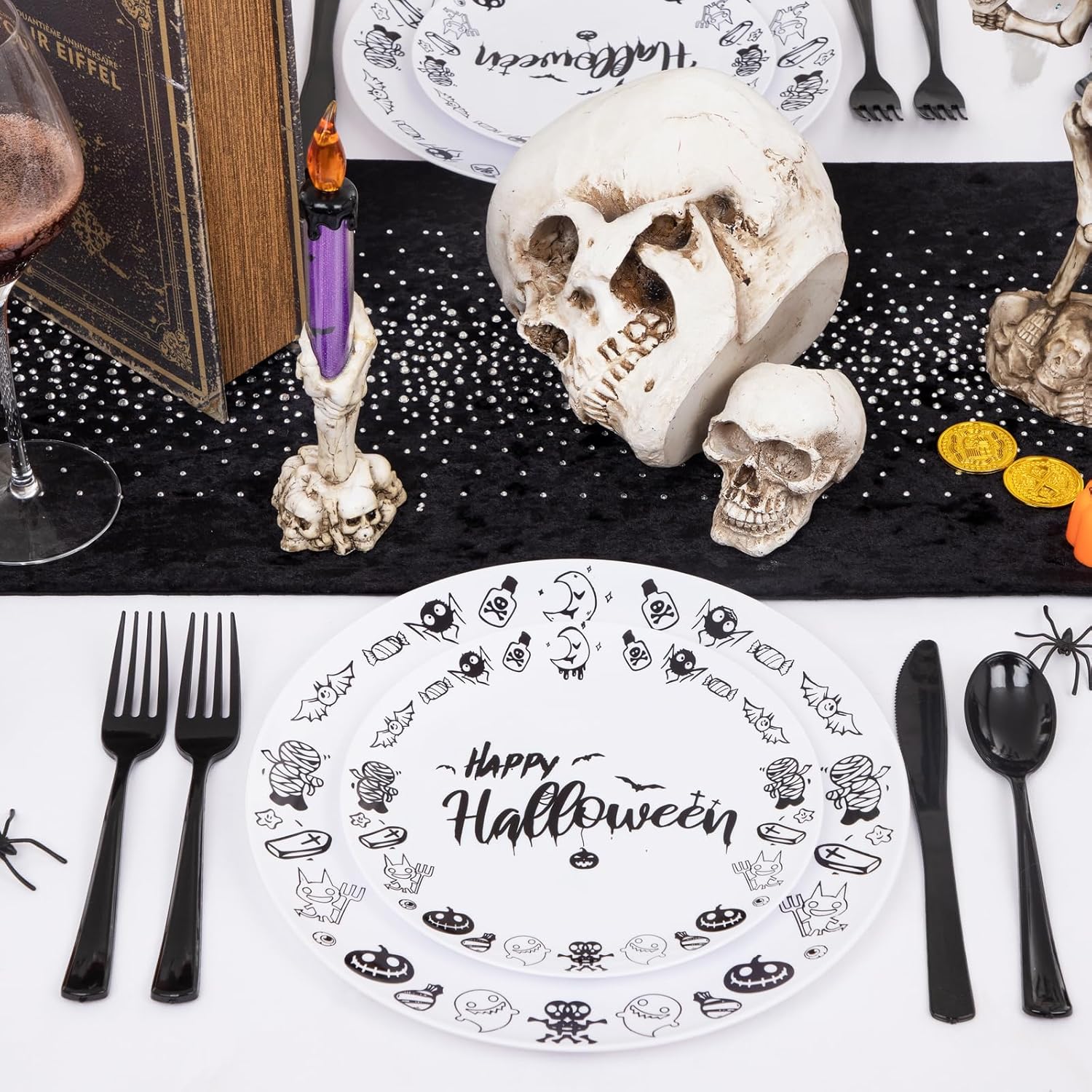 YOUBET 60 platos de Halloween, platos de plástico de Feliz Halloween, platos desechables blancos y negros, 30 platos de cena, 30 platos de postre,