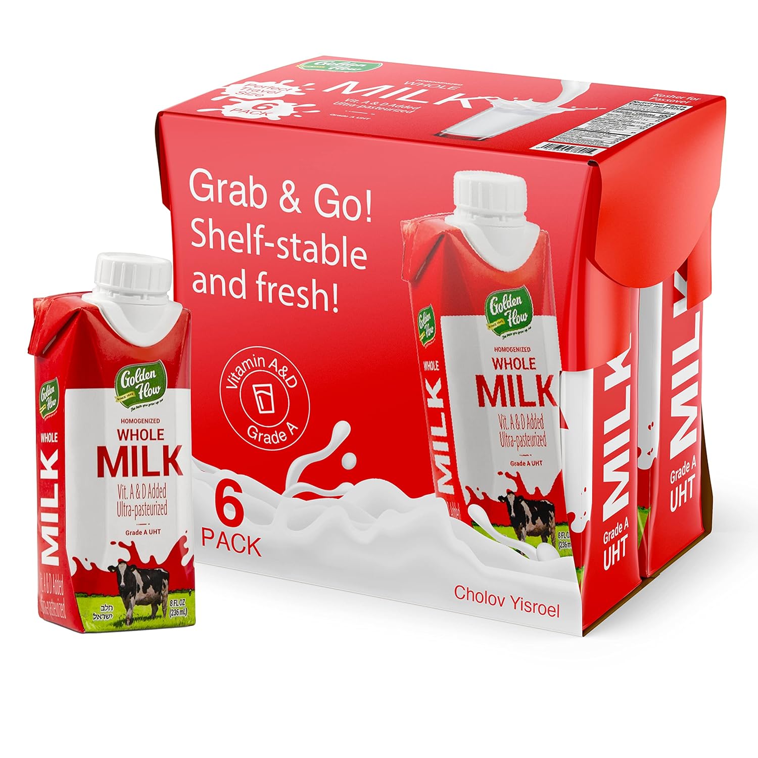 Golden Flow Leche entera duradera  Leche en caja UHT  Fortificada con vitaminas A y D  No necesita refrigeración, Cholov Yisroel, Kosher para Pascua