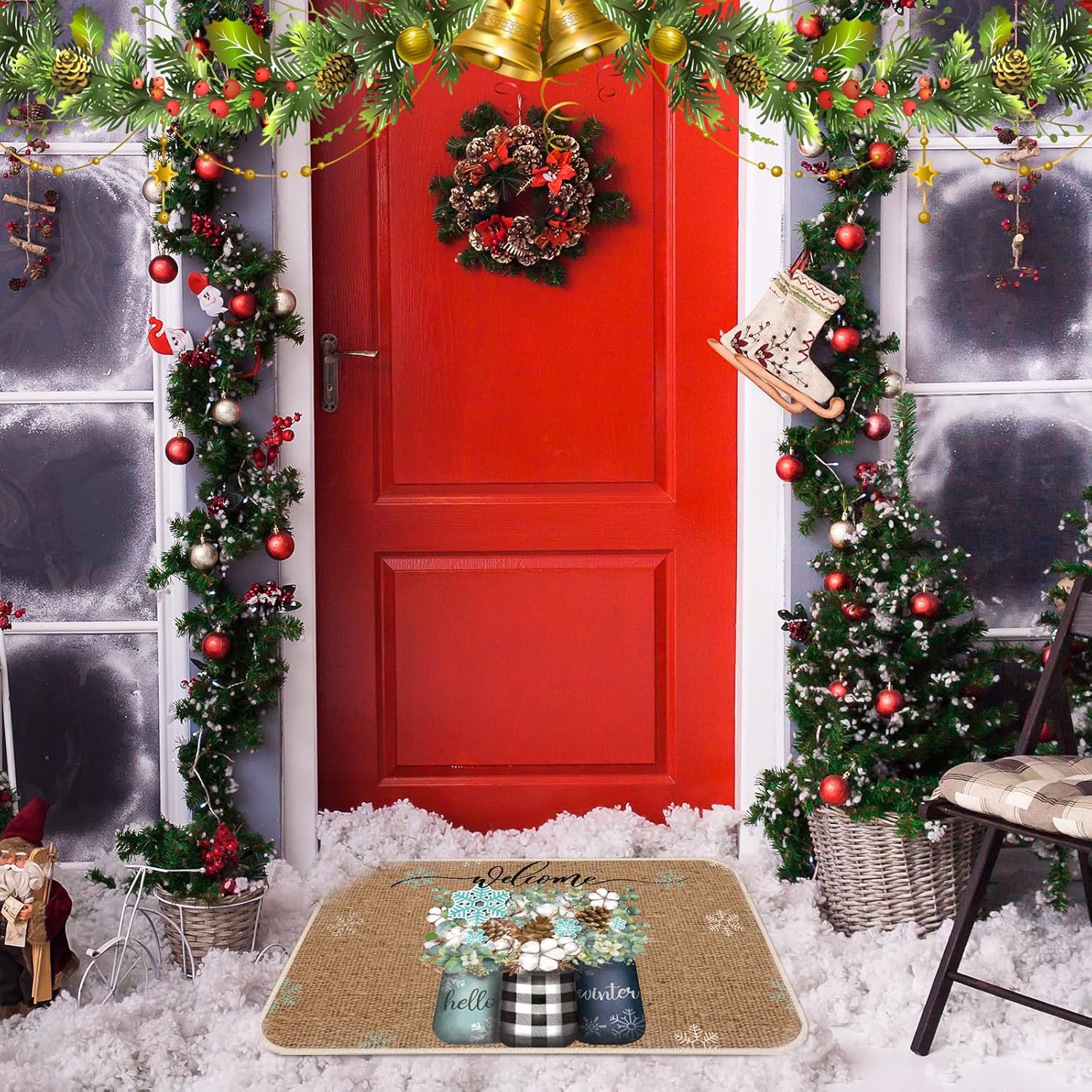 Timgle Tapetes de Navidad para puerta de invierno, antideslizantes, tapetes de bienvenida para interiores y exteriores, conos de pino, copos de