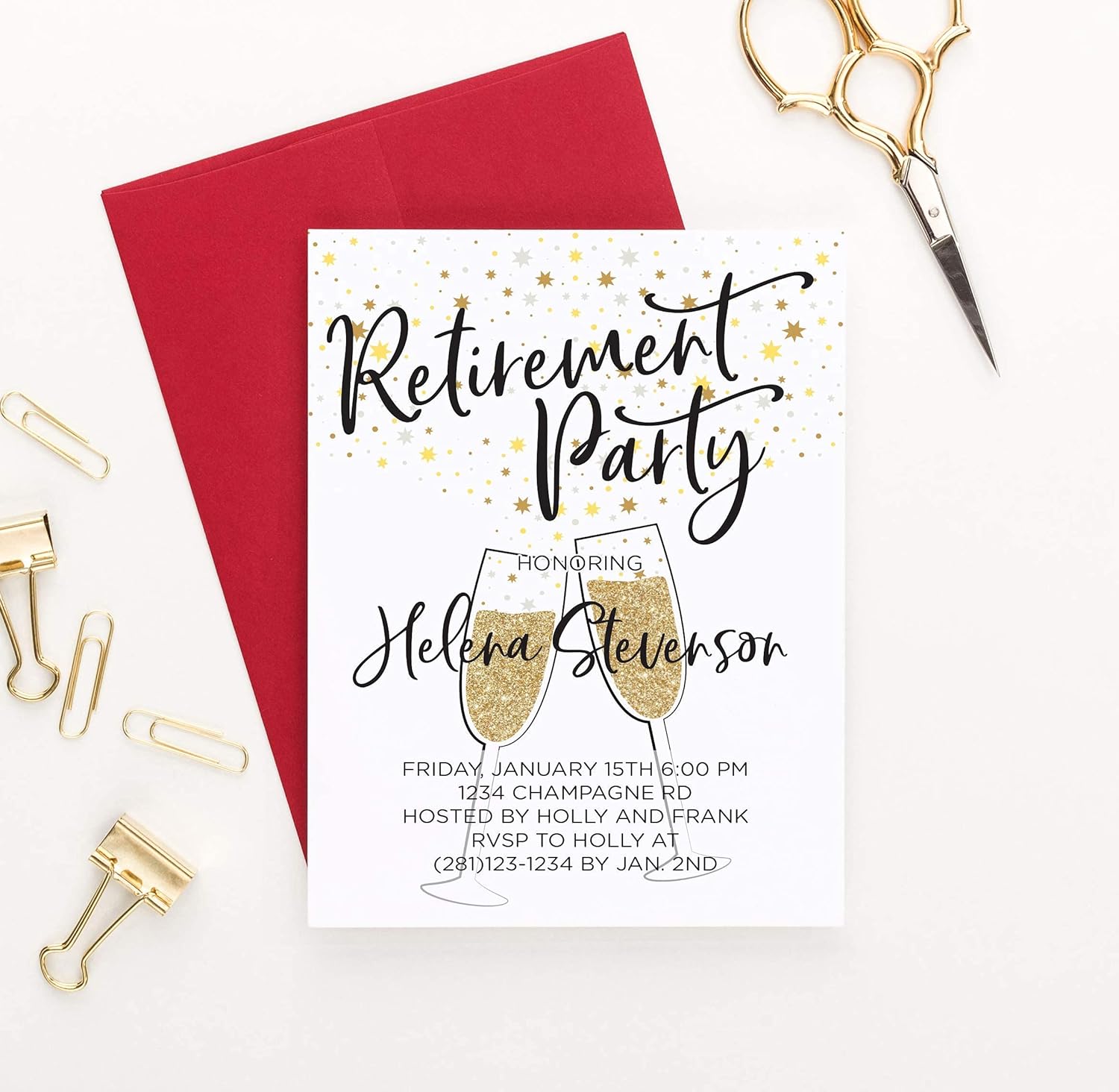 Modern Retirement Party Invitation, Gold Glitter Retirement Party Invites, Your choice of Quantity and Envelope Color