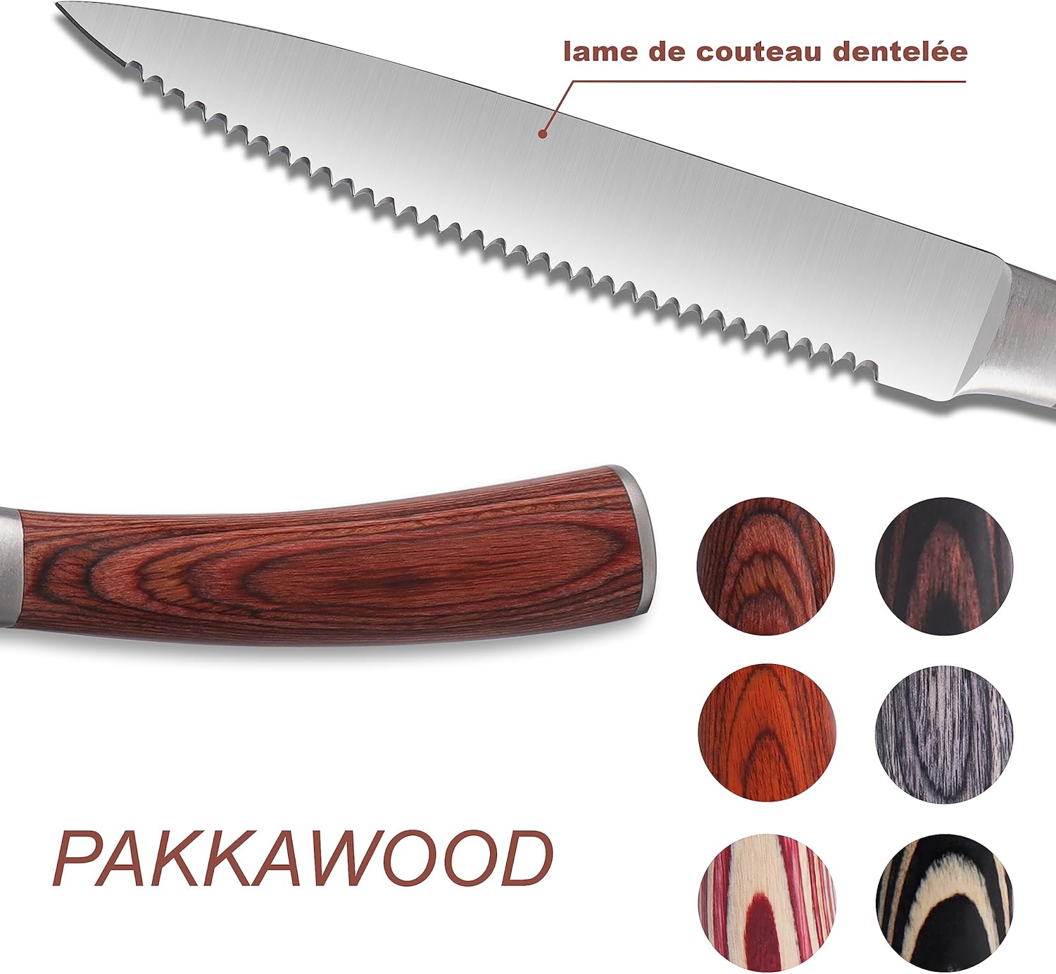 LUVCOSY Pakkawood – Juego de 6 cuchillos de carne dentados de acero inoxidable con mango de madera de Pakka, juego de cuchillos de cena de borde