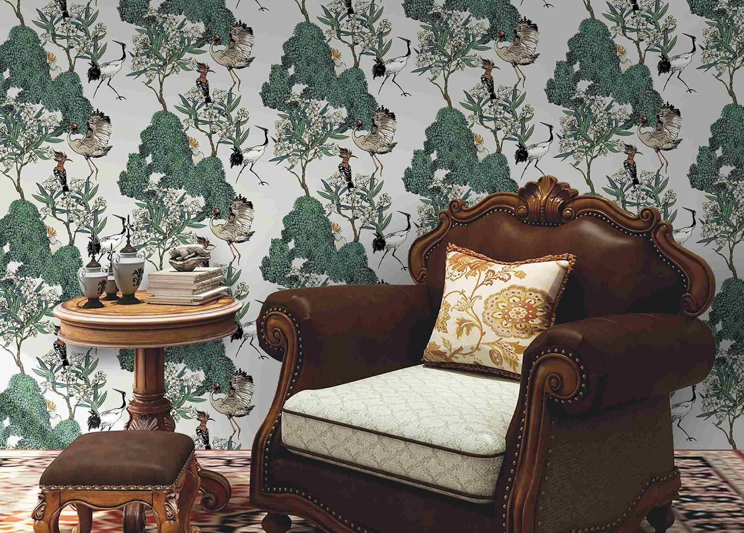 Dimoon Papel tapiz floral de 78.7 x 16.1 pulgadas, papel de contacto con pájaros, verde y blanco, bosque estético, grueso, impermeable, grúas,
