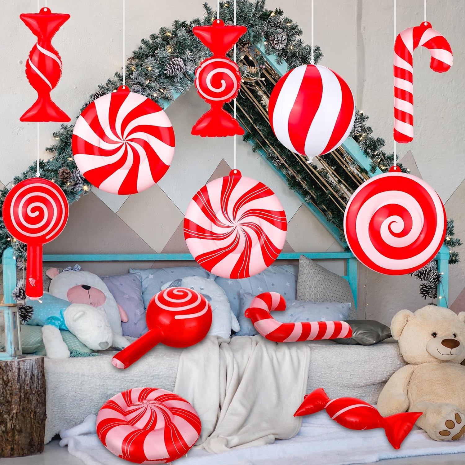 Jetec 16 piezas de dulces inflables de Navidad de 9 pulgadas, decoración colgante de caramelo de bastón de caramelo, remolino, adorno inflable de