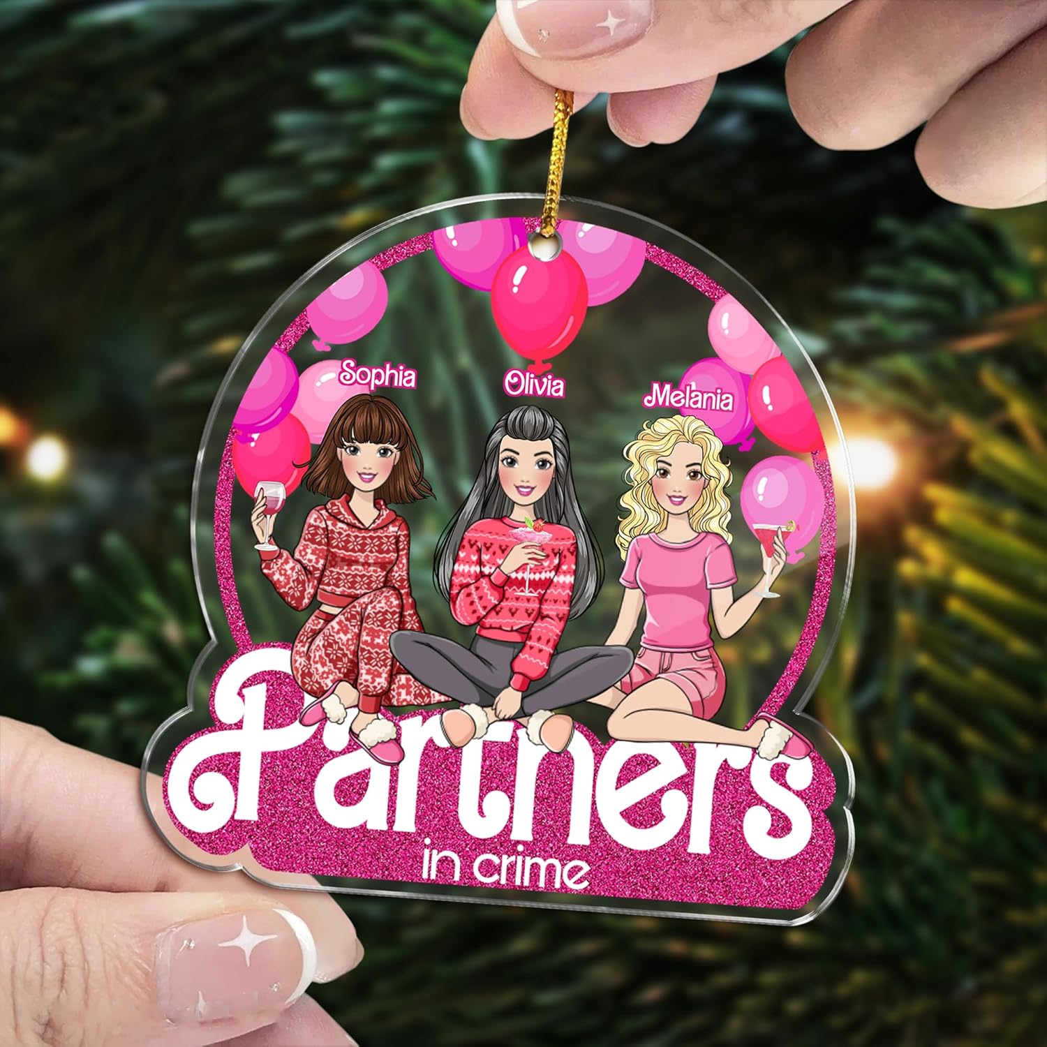 Gossby Adorno de Navidad acrílico personalizado para parejas en el crimen, Navidad personalizada para 3 mujeres con diseño, nombre, recuerdo de