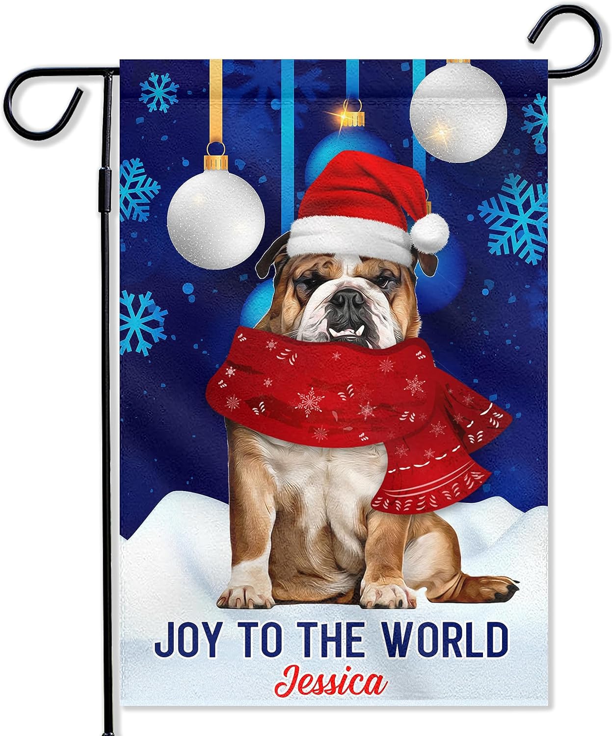 Bandera de jardín de perro de Navidad con nombre personalizado, regalos de bulldog inglés para decoración de Feliz Navidad, bandera de bienvenida