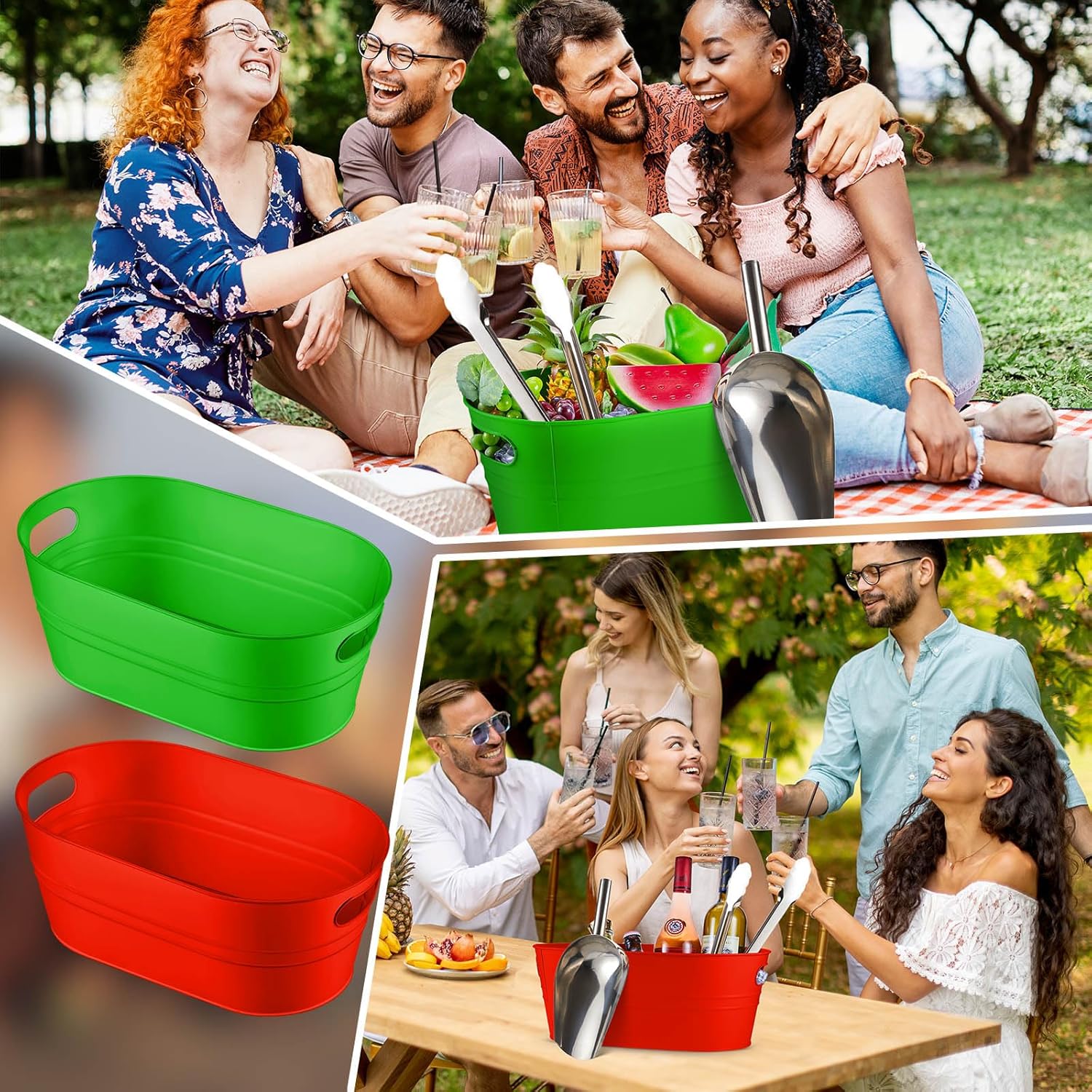 4 tinas de bebidas galvanizadas aisladas con 2 cucharas de hielo y 2 pinzas de acero inoxidable, cerveza fría, bebidas galvanizadas, fiestas en