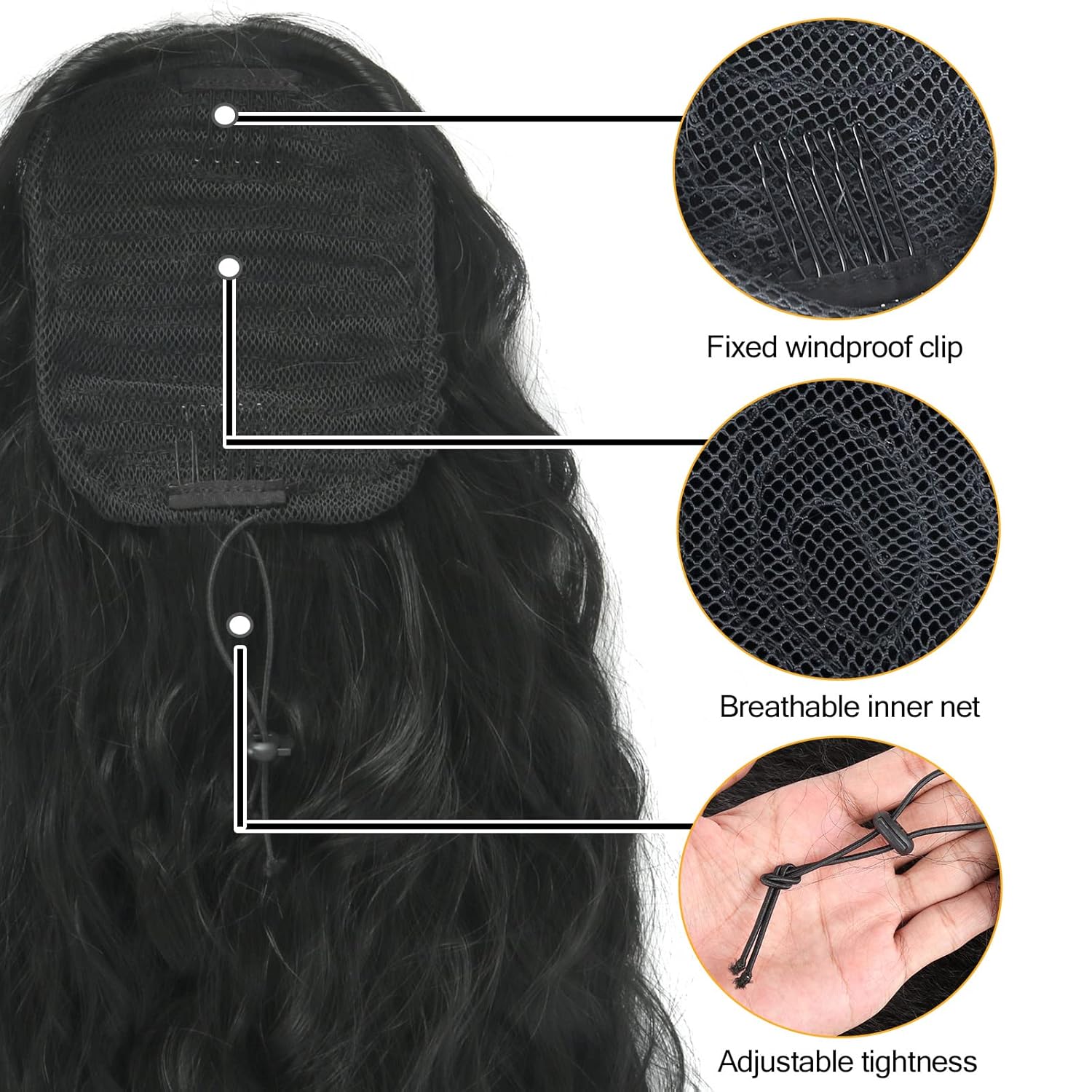 Aisaide Extensión de cola de caballo rizada y ondulada con cordón para mujeres negras, extensiones de cabello sintético largo rizado ondulado