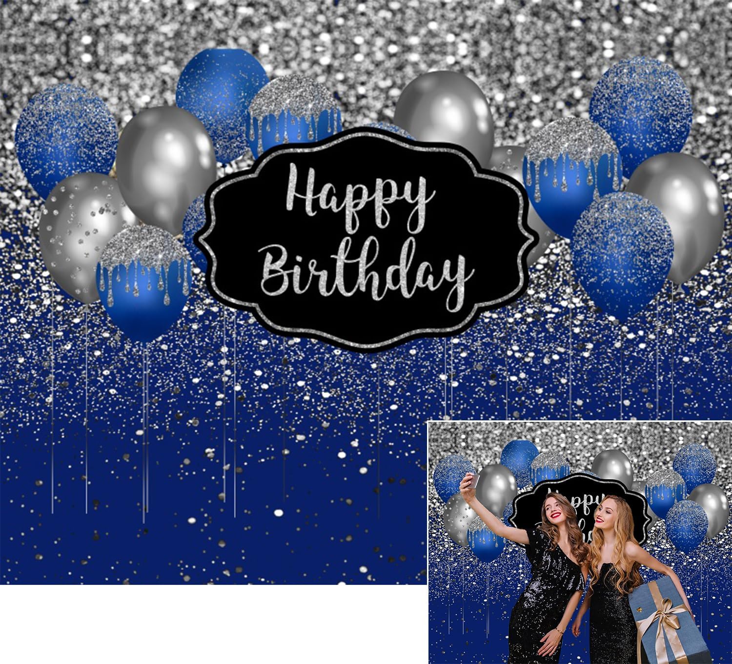 Telón de fondo de feliz cumpleaños azul marino y plateado, globos azules y plateados con purpurina, diamantes, puntos, fiesta de cumpleaños, fondo