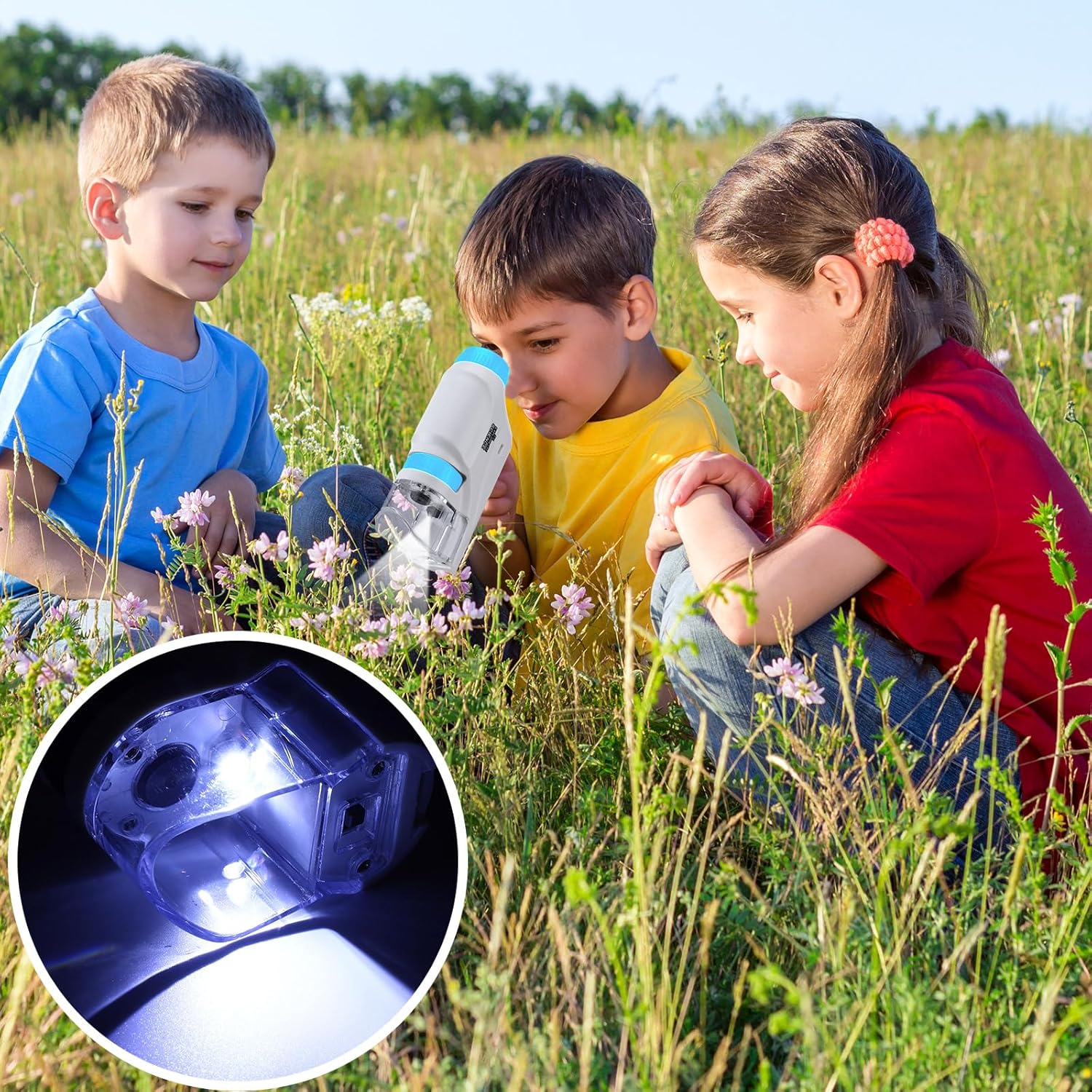Kanayu Juego de 4 microscopio de bolsillo con luz LED, microscopio de bolsillo portátil, microscopio de mano con bolsa de terciopelo para niños,