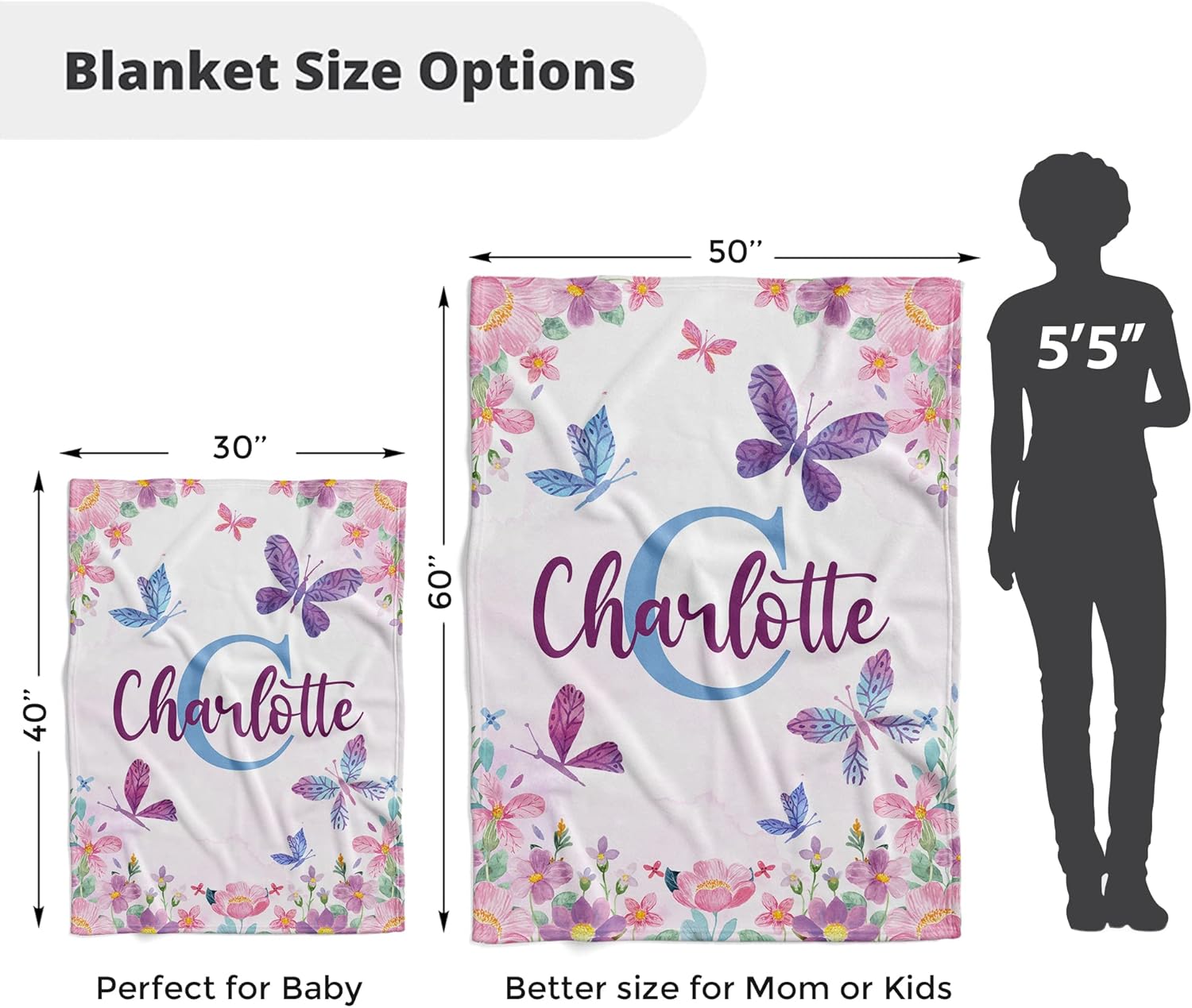 Mantas de bebé personalizadas  Regalos personalizados para bebé con nombre para niñas  Suave, ligera y para regalar (mariposa 155)