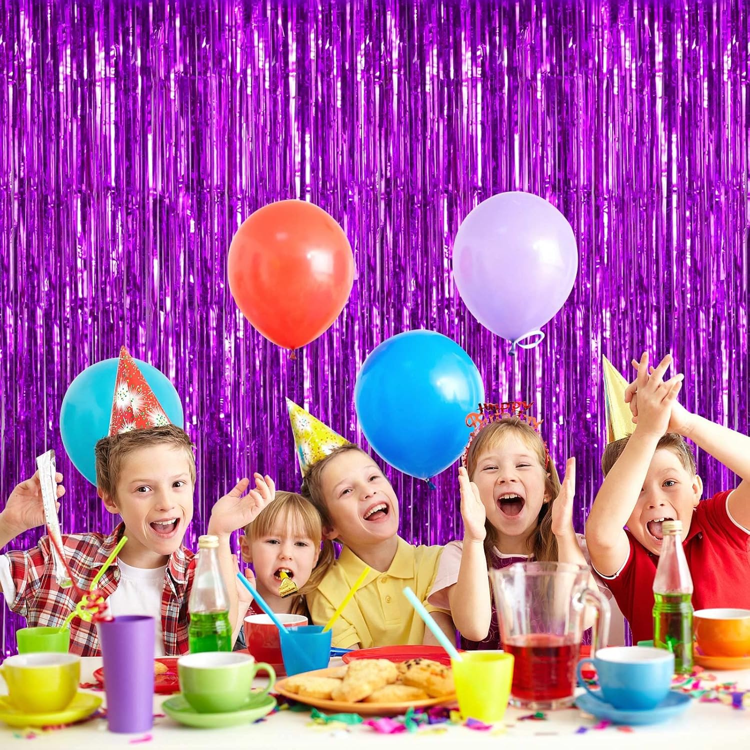 Cortinas de flecos de papel de aluminio morado, paquete de 2, extra grandes de 8 x 3.3 pies, cortinas de flecos para puerta para cumpleaños, boda,