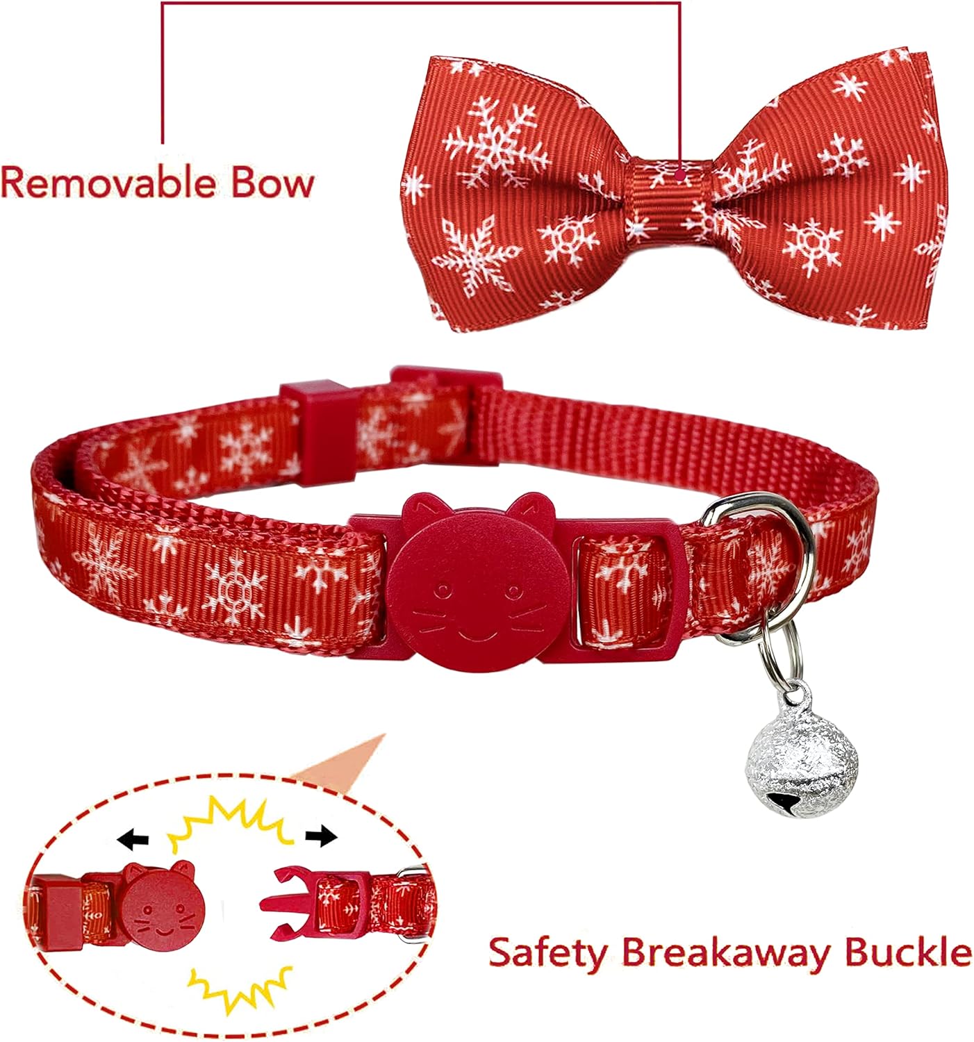Pohshido Collar de gato navideño con pajarita y campana, paquete de 2 gatitos de invierno para niño y niña