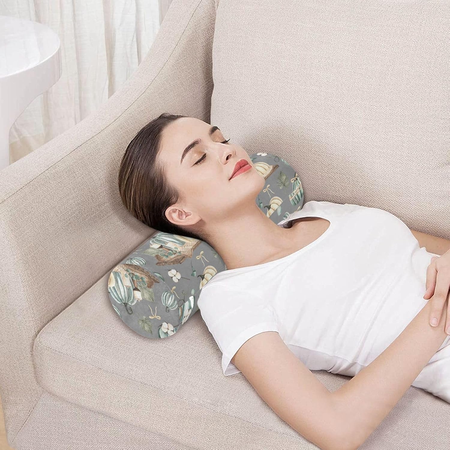 Almohada cilíndrica para el cuello, almohada redonda de espuma viscoelástica para dormir, almohada de almohada gris con funda extraíble lavable para