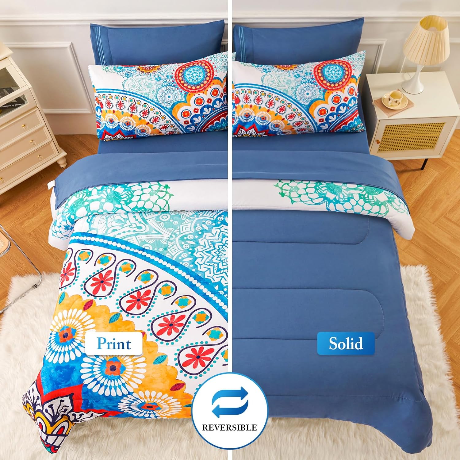 YIYEA Juego de edredón tamaño King  Estampado floral  7 piezas de cama en una bolsa  Juegos de ropa de cama para todas las estaciones con edredón,