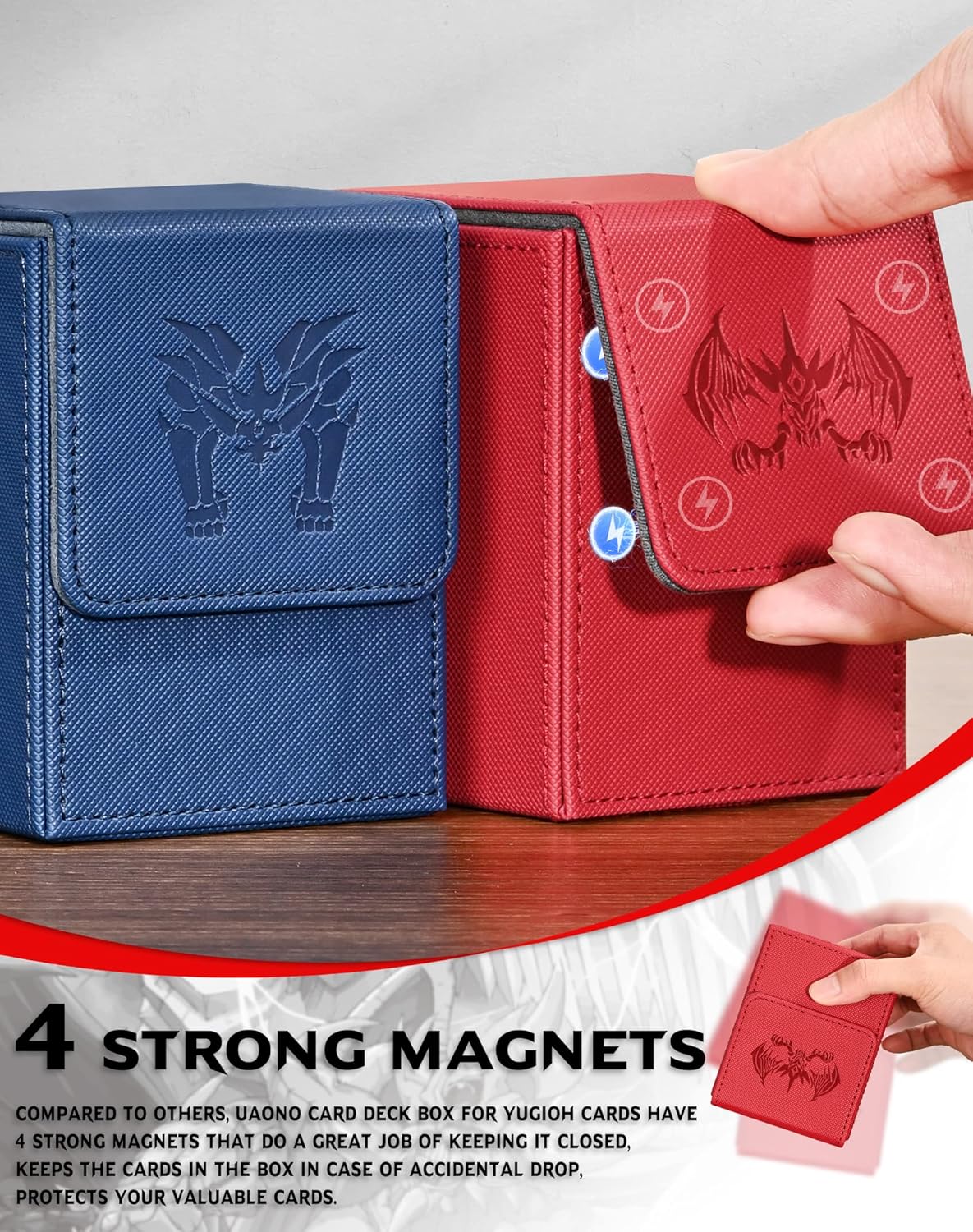 UAONO Caja de cartas para tarjetas Yugioh MTG, más de 100 fundas con 2 divisores para TCG CCG, caja de almacenamiento de tarjetas de piel sintética