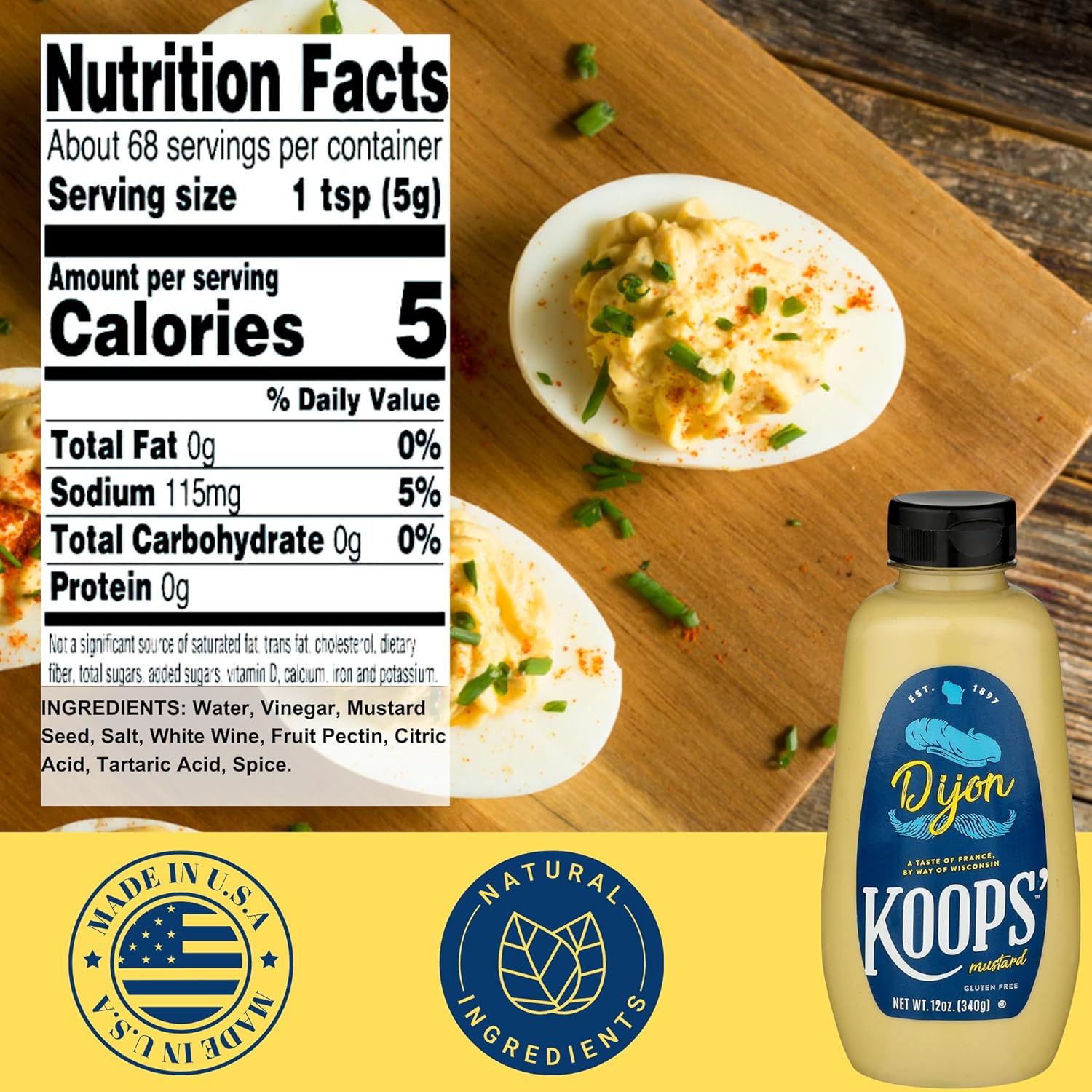 Koops’ Mostaza Dijon – Mostaza francesa, sin gluten, kosher, sin OMG, fabricada en los Estados Unidos, a partir de semillas de mostaza de calidad,