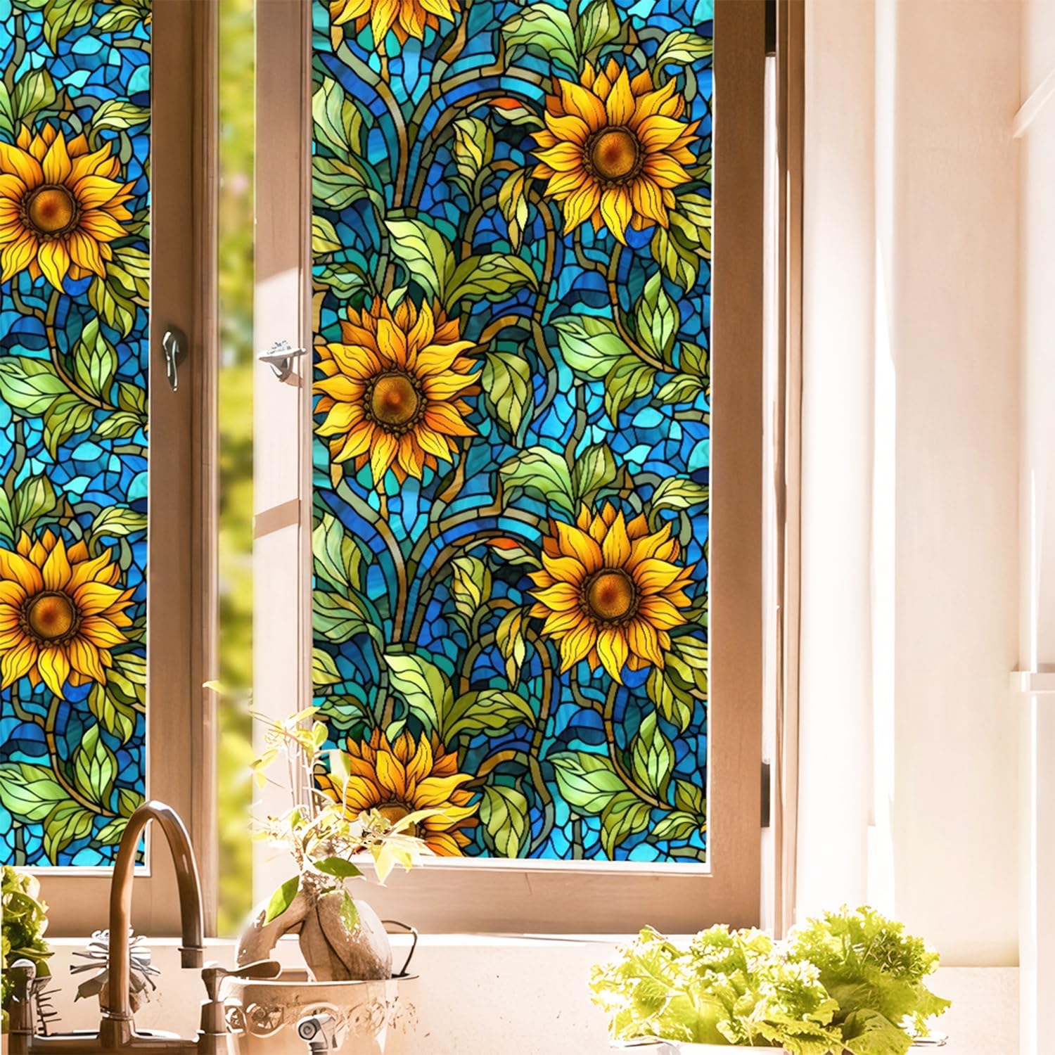 Película de privacidad de girasoles para vitral, película de privacidad no adhesiva, película de vidrieras para baño, ducha, puerta, calor, anti UV,