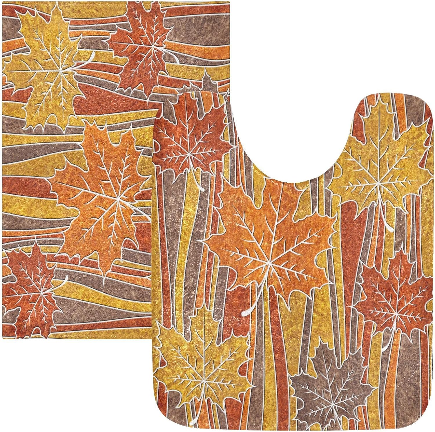 Juego de 2 alfombras de baño de 24 x 16 + 24 x 20 pulgadas, suave en forma de U, tapete decorativo de hoja de arce antideslizante absorbente para