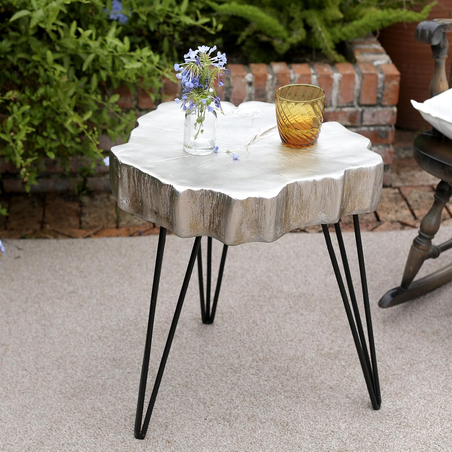 Moderna mesa auxiliar auxiliar para patio, pequeña mesa auxiliar con patas de horquilla para interior y exterior, patio, sala de estar, 19 pies de