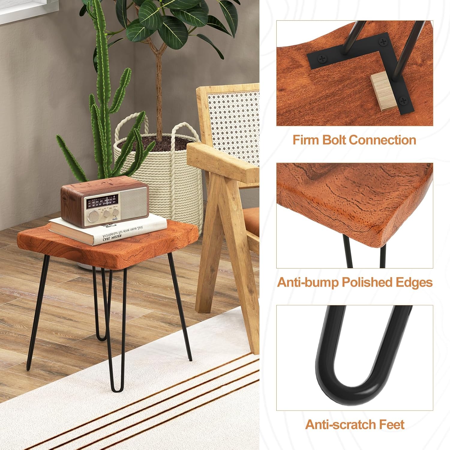 Giantex Mesa auxiliar de madera de teca, mesa auxiliar sólida con borde vivo para exteriores con grano natural y patas de metal resistente, soporte