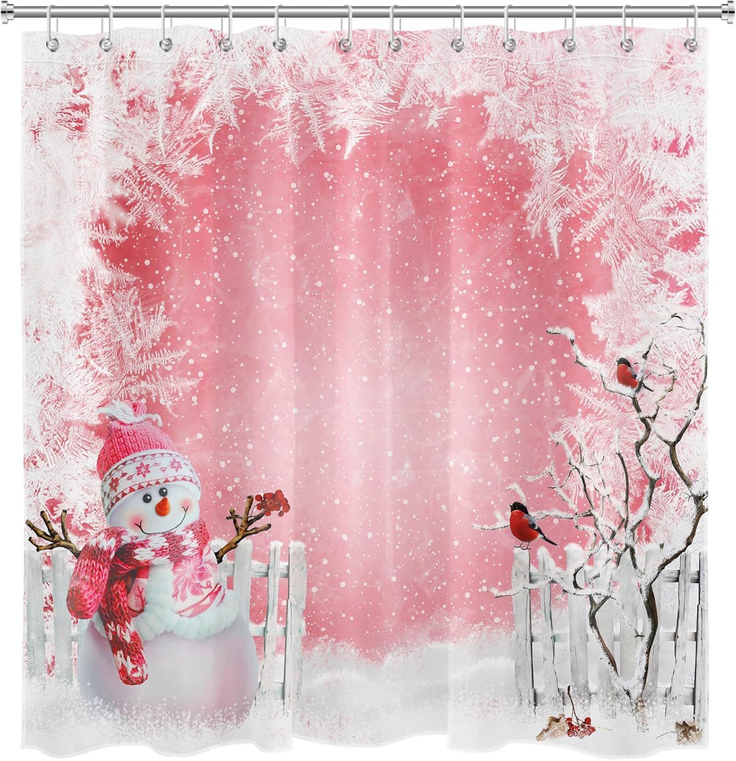 LB Pink Christmas Shower Curtain Decor, Funny Snowman and Cardinals Winter Snow Scenery Shower Curtain for Bathroom 72″ W x 72″ L Polyester Fabric