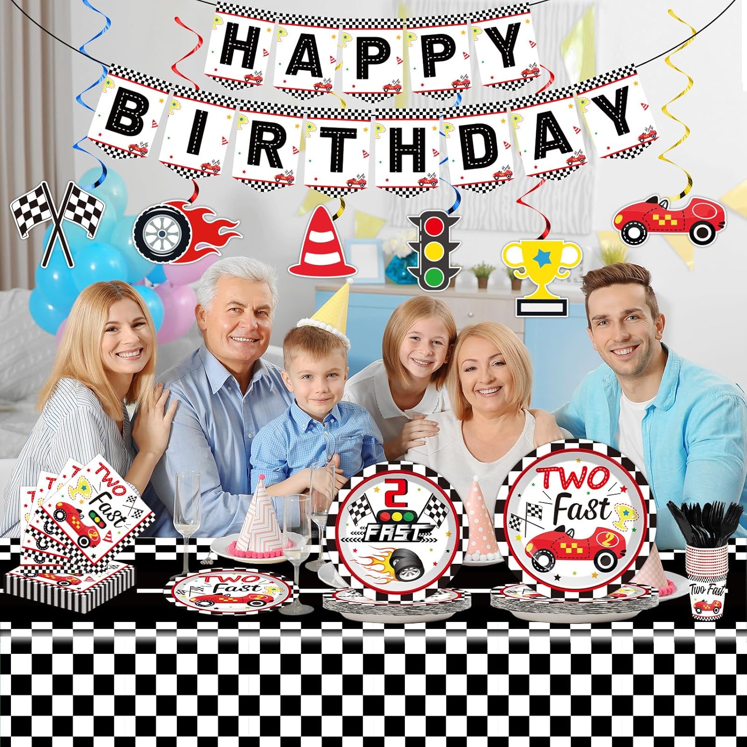 Juego de 184 piezas de suministros para fiesta de cumpleaños rápido, incluye platos de coche de carreras, servilletas, mantel, pancarta, kit de