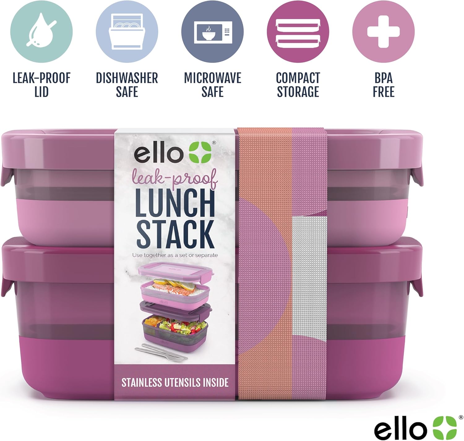 Ello 2-Pack Lunch Stack Plastic Food Storage Container Bento Box with Airtight