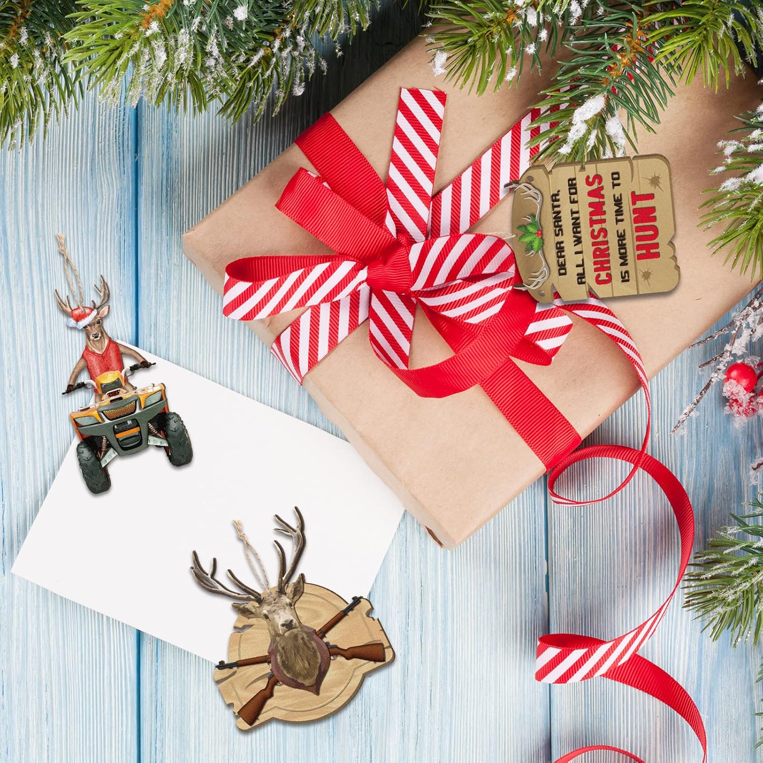 30 piezas de adornos de árbol de Navidad de madera para caza de ciervos, adornos colgantes decorativos de ciervos con pistola, adorno de Navidad,