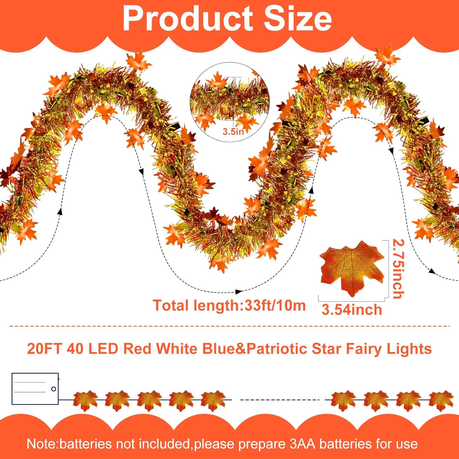 Decoraciones de otoño, guirnalda de oropel con purpurina de 33 pies, 40 luces LED de hojas de arce, hojas de arce artificiales para boda, calabaza,