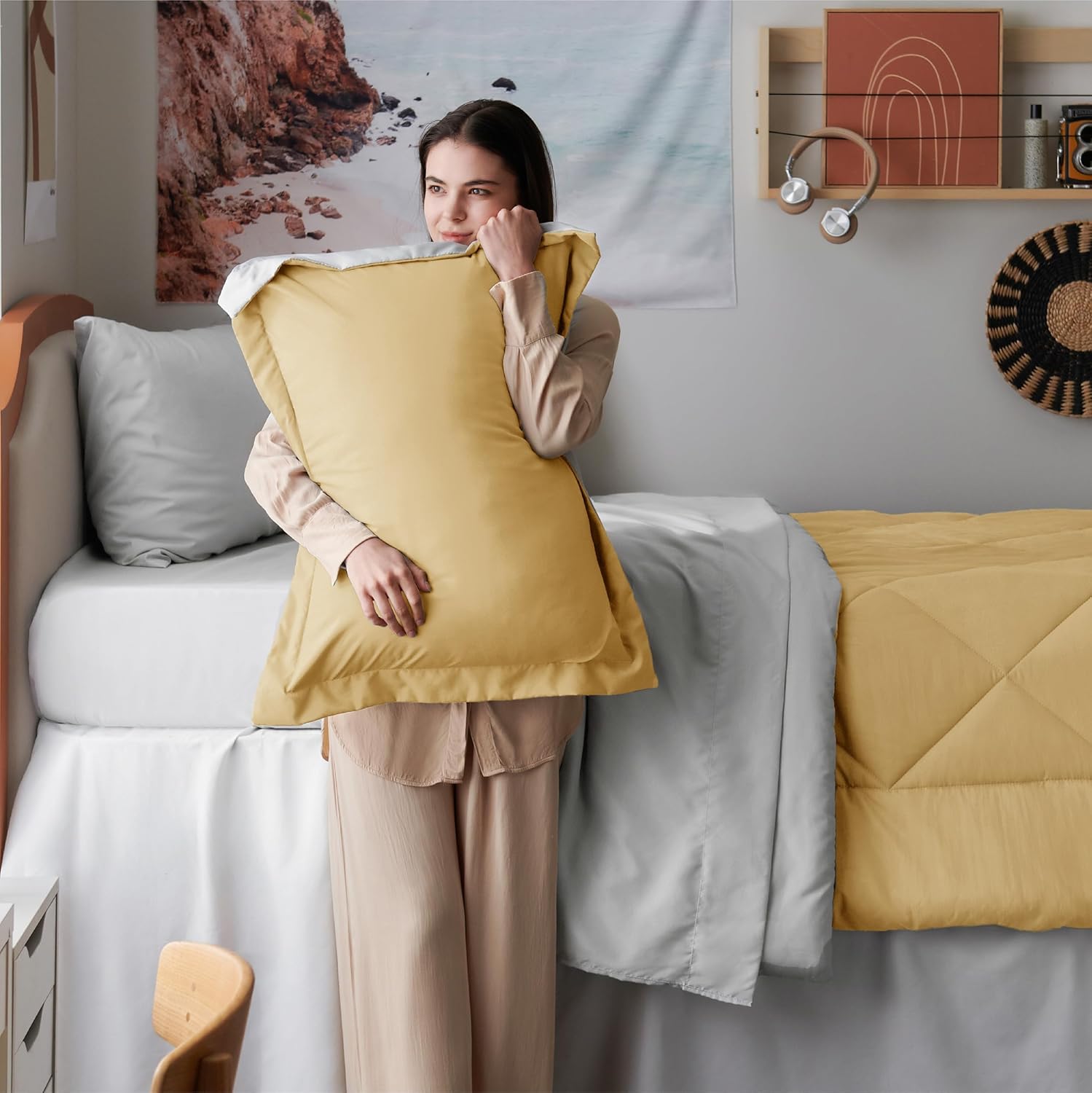 Bedsure Juego de edredón, tamaño individual XL, reversible, de 5 piezas, en una bolsa, con edredón, sábanas, fundas de almohada y fundas, amarillo