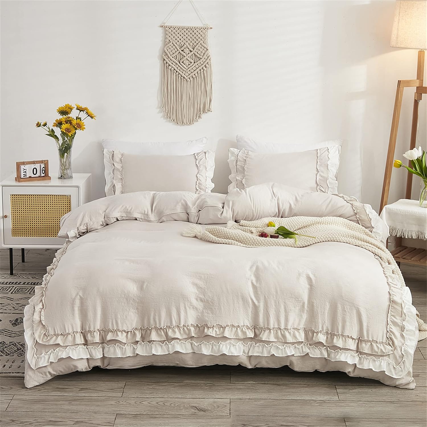 ABREEZE Juego de funda de edredón de microfibra lavada tamaño Queen, 3 piezas, ropa de cama vintage con volantes, estilo granja, 1 funda de edredón