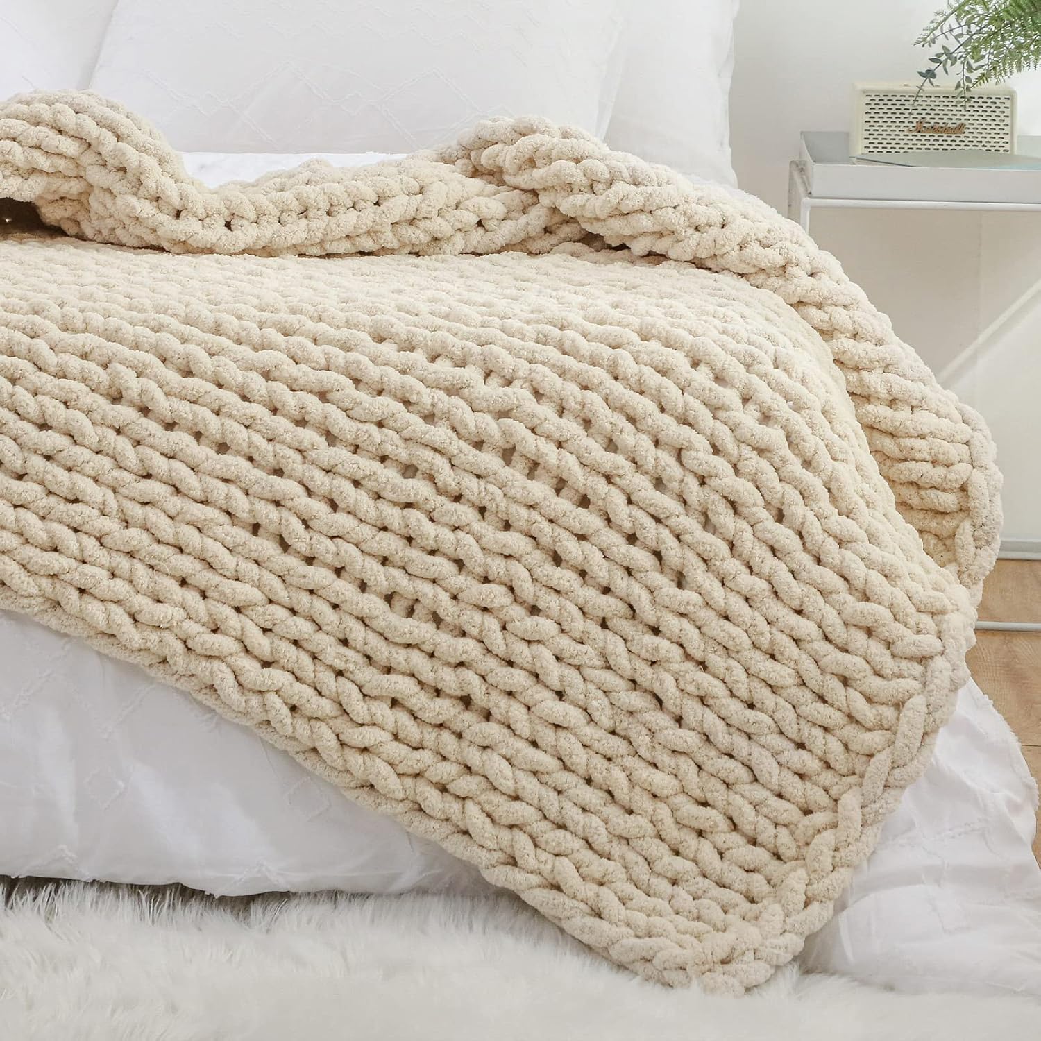 YAAPSU Manta de punto grueso de 60 x 80 pulgadas, manta de felpilla suave jumbo, manta 100% tejida a mano para sofá y cama, manta de punto trenzado