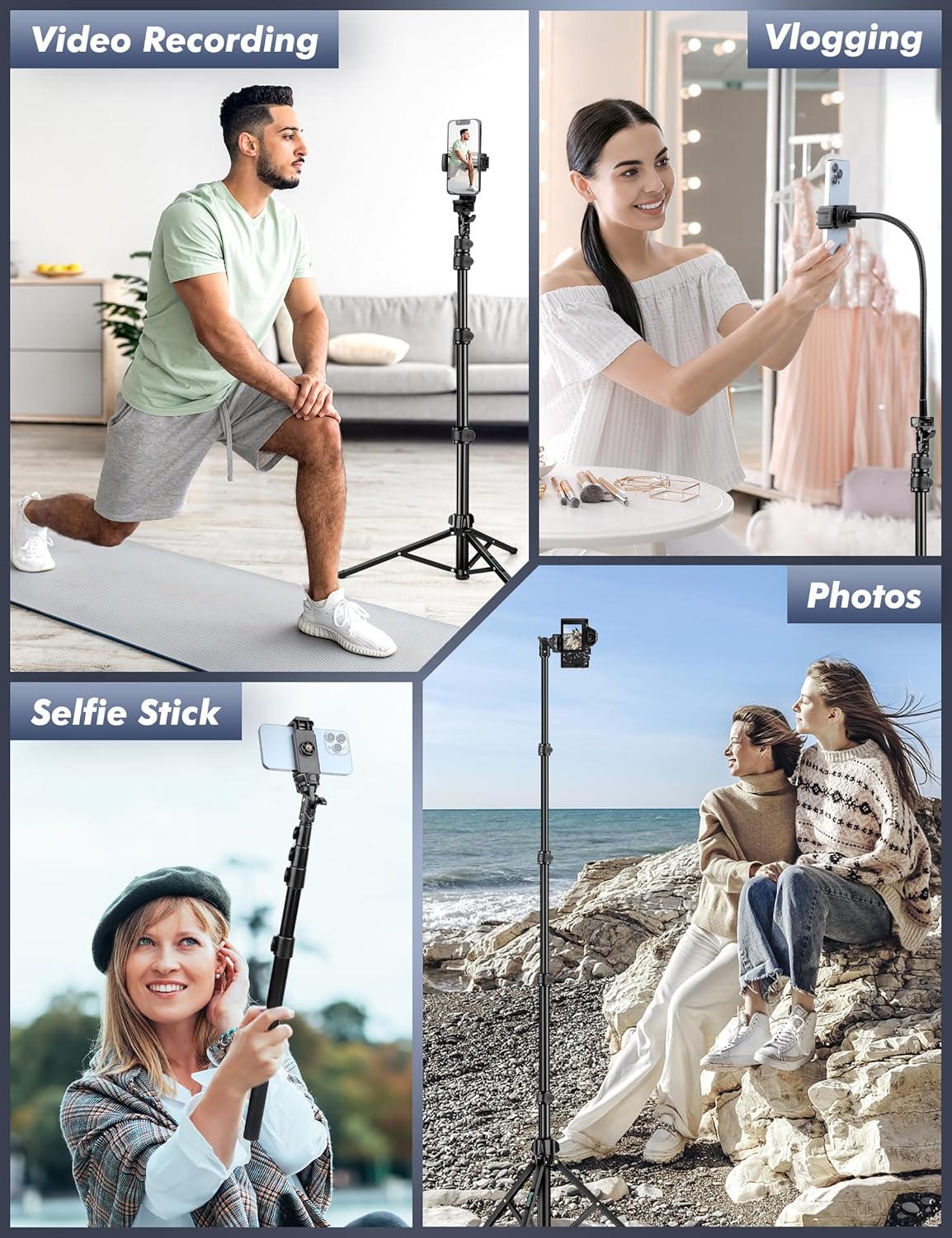 Soporte de trípode para teléfono, trípode para selfie, trípode para teléfono celular de 86.6 pulgadas de alto con cuello de cisne ajustable, trípode