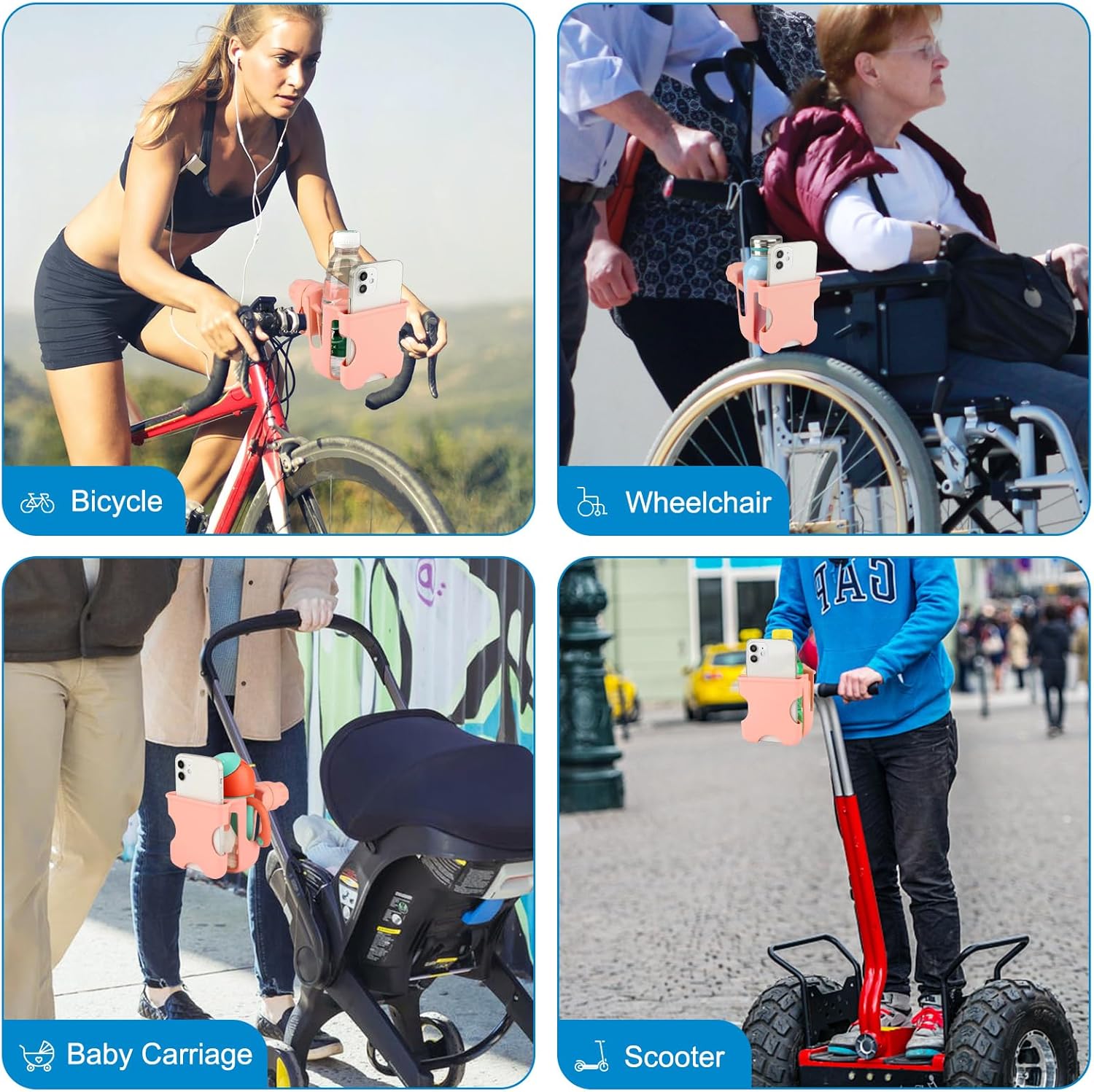 Accmor Portavasos 2 en 1 para cochecito con soporte para teléfono, portavasos para bicicleta, soporte universal para teléfono para cochecito,