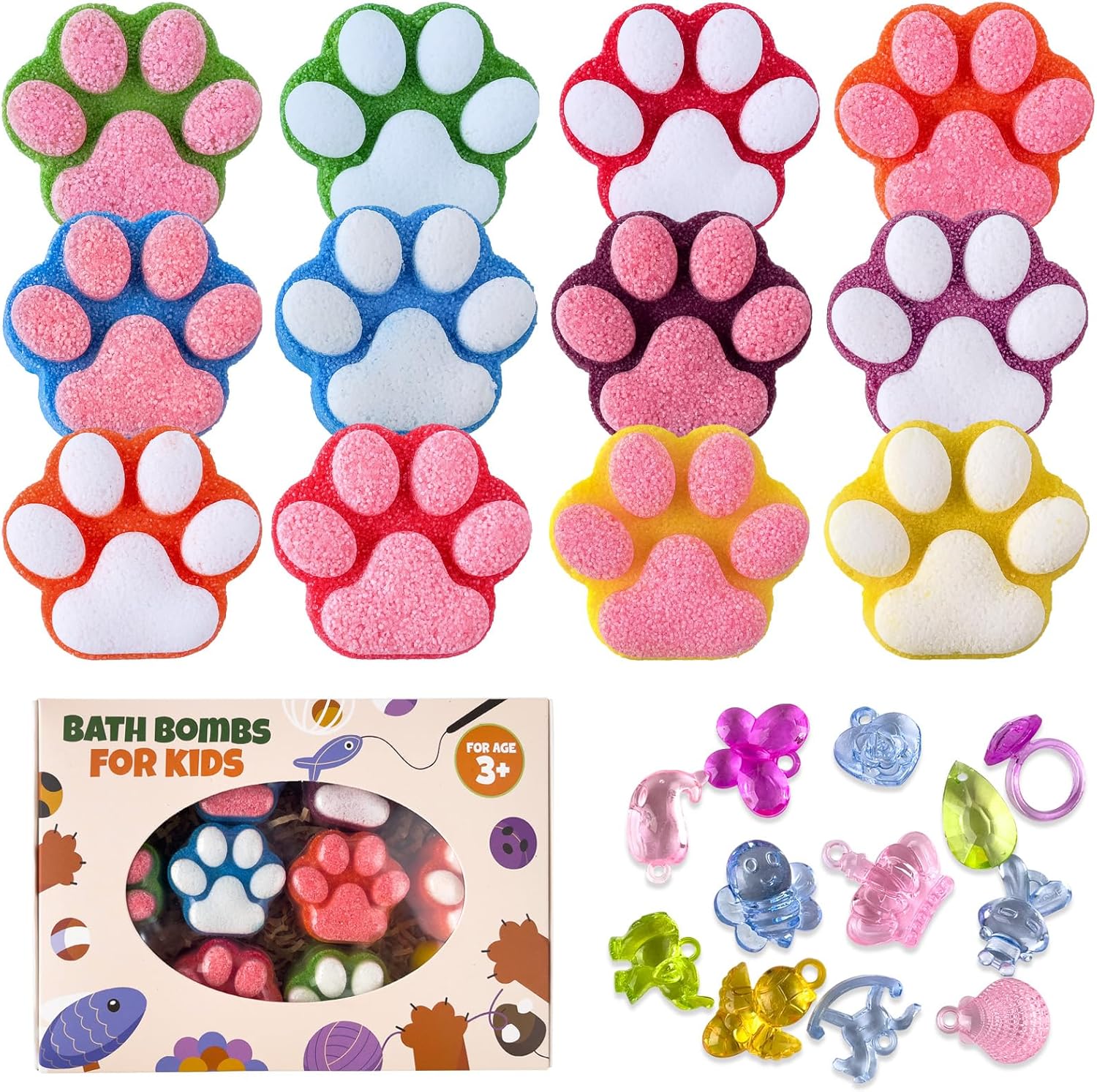 Bomba de baño de patas para niños con juguetes sorpresa en el interior, 12 piezas coloridas hechas a mano de bola de baño natural con juguetes de